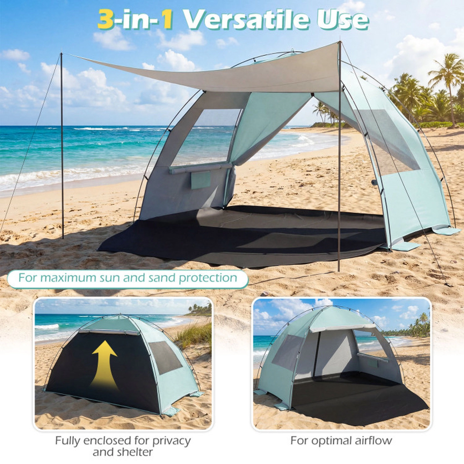 SUGIFT Beach Tent Sun Shelter with Canopy and Extended Floor 87-in Long 6-lb Portable Green