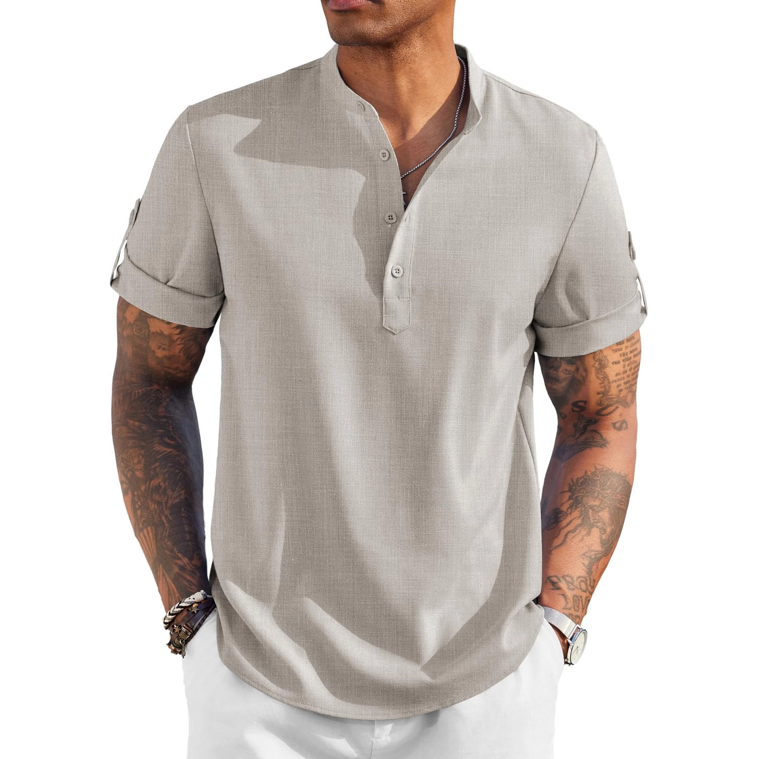 COOFANDY Mens  Short Sleeve Henley Shirt V Neck Button Casual Curved Hem Tops