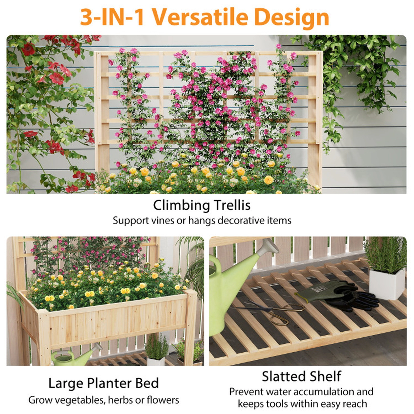 SUGIFT 59-in 110-lb Capacity Natural Fir Wood Raised Garden Bed with Trellis 88-lb Storage Shelf and Legs