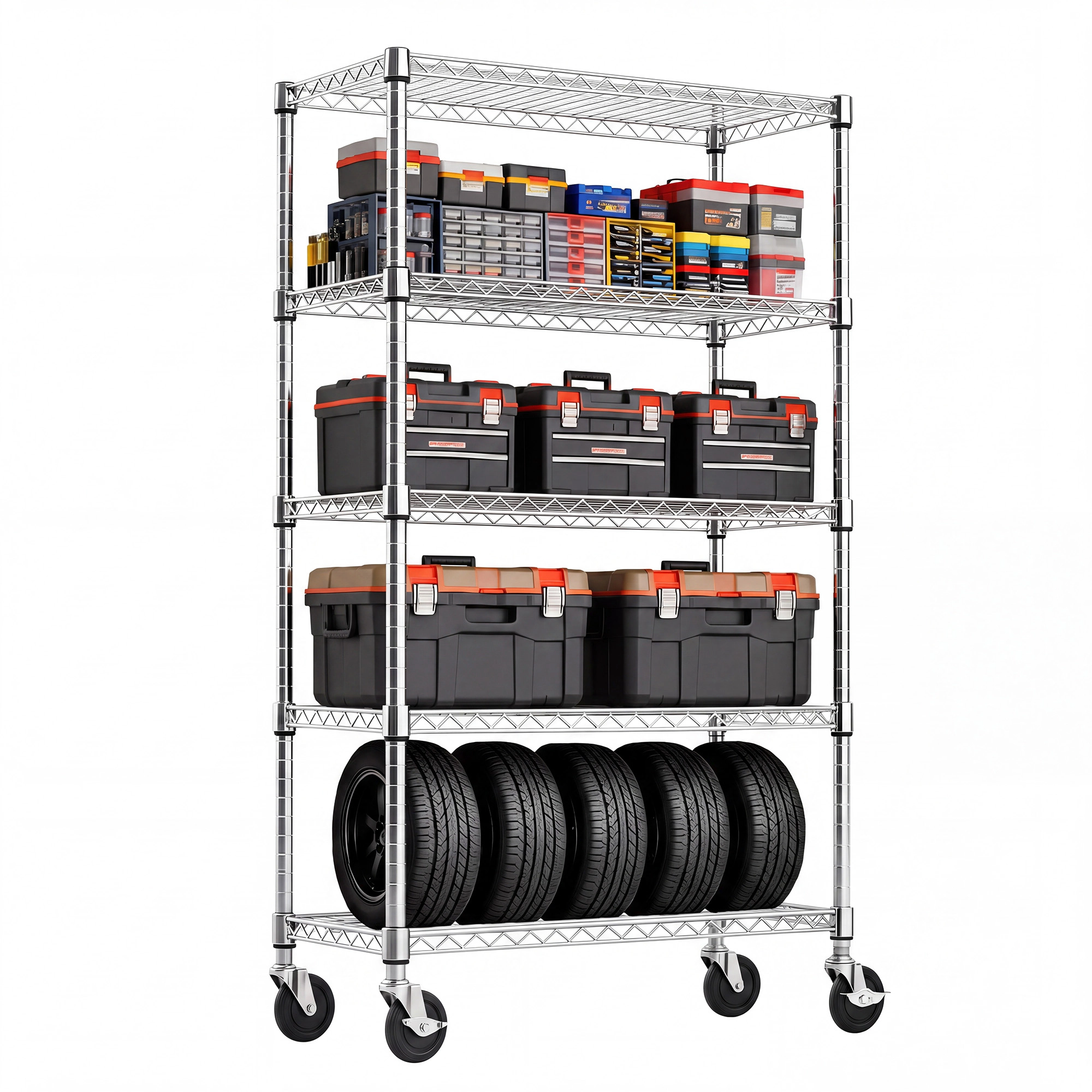 Flynama 5 Tier Chrome Wire Shelf 47.2 x 17.7 x 75.6 in Heavy Duty Adjustable Rack for Garage Kitchen, Warehouse