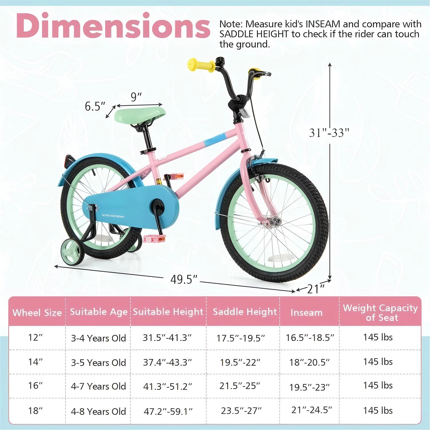 SUGIFT Adjustable Handlebar and Saddle Kids Bicycle 145-lb Capacity Ages 4-8 49.5-in Frame Pink Blue Green Yellow