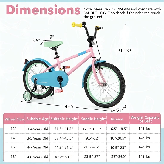 SUGIFT Adjustable Handlebar and Saddle Kids Bicycle 145-lb Capacity Ages 4-8 49.5-in Frame Pink Blue Green Yellow