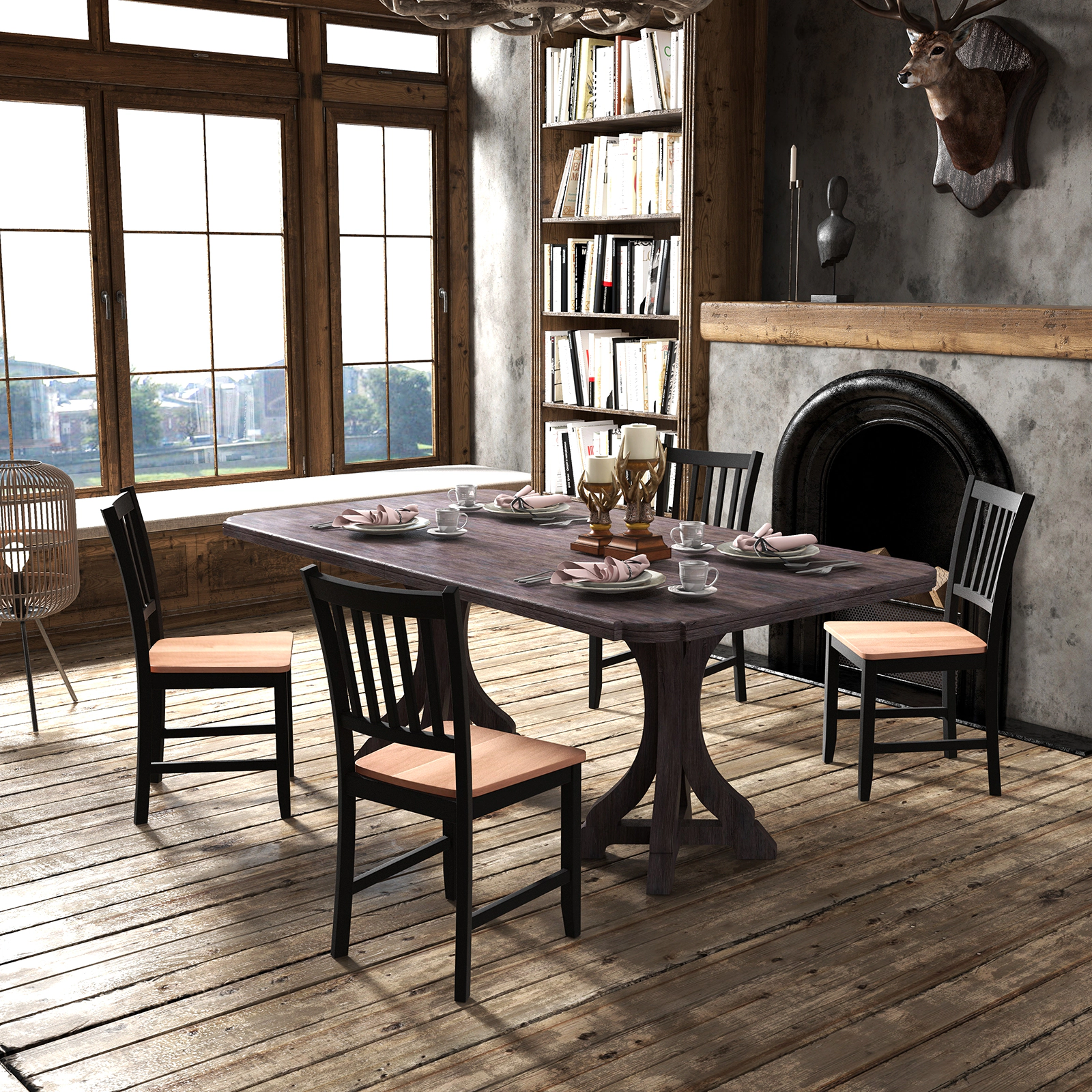 SUGIFT Spindle Back Dining Chairs 275-Lb Capacity 17.5-in Seat Height Black Base and Walnut Seat