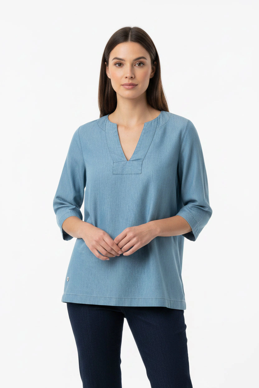 DressAtR Women's Blue Denim V Neck Three Fourth Sleeve Blouse