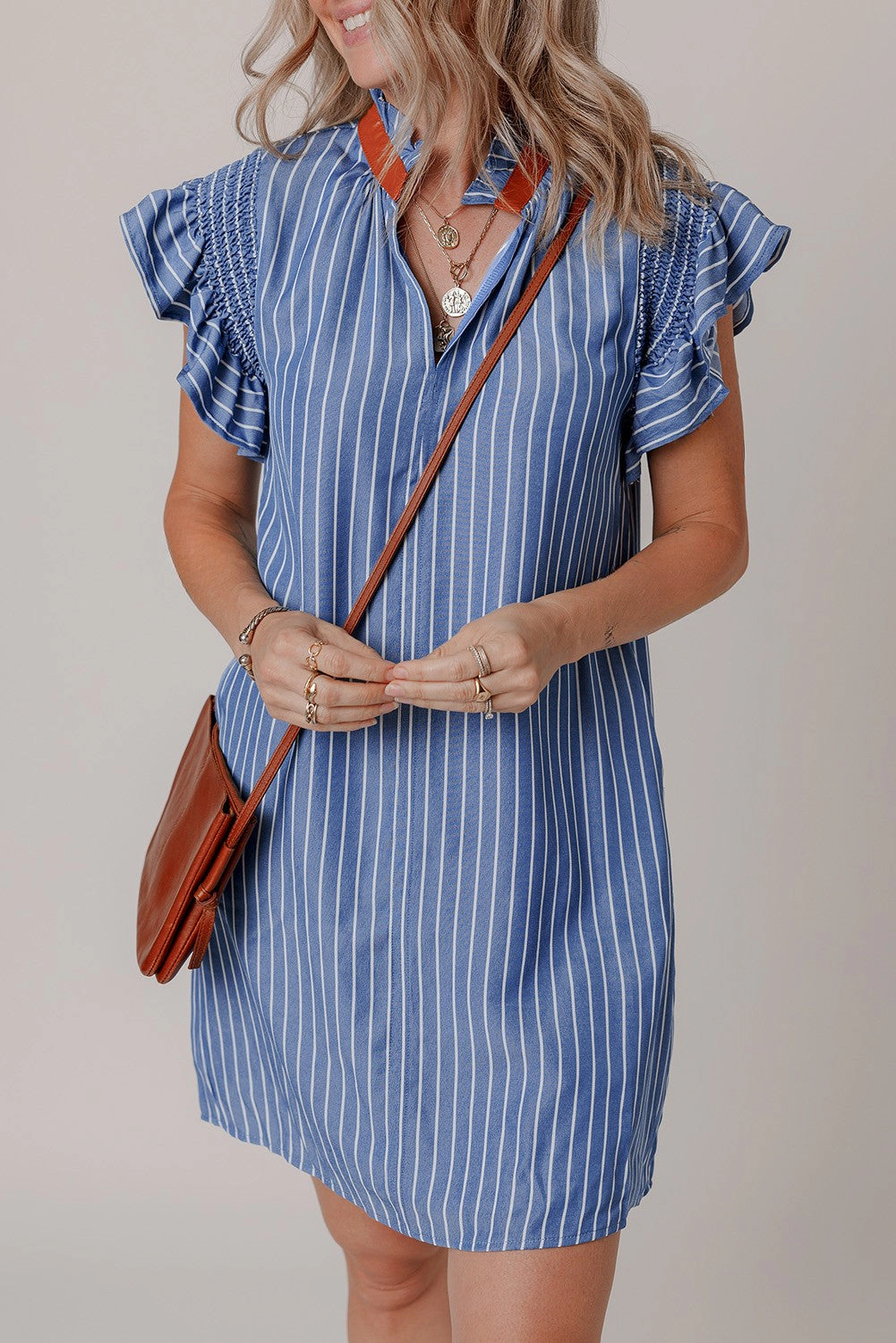 Threaded Pear Women's Leah Stripe Frilly Split Neck Shirred Ruffle Sleeve Dress
