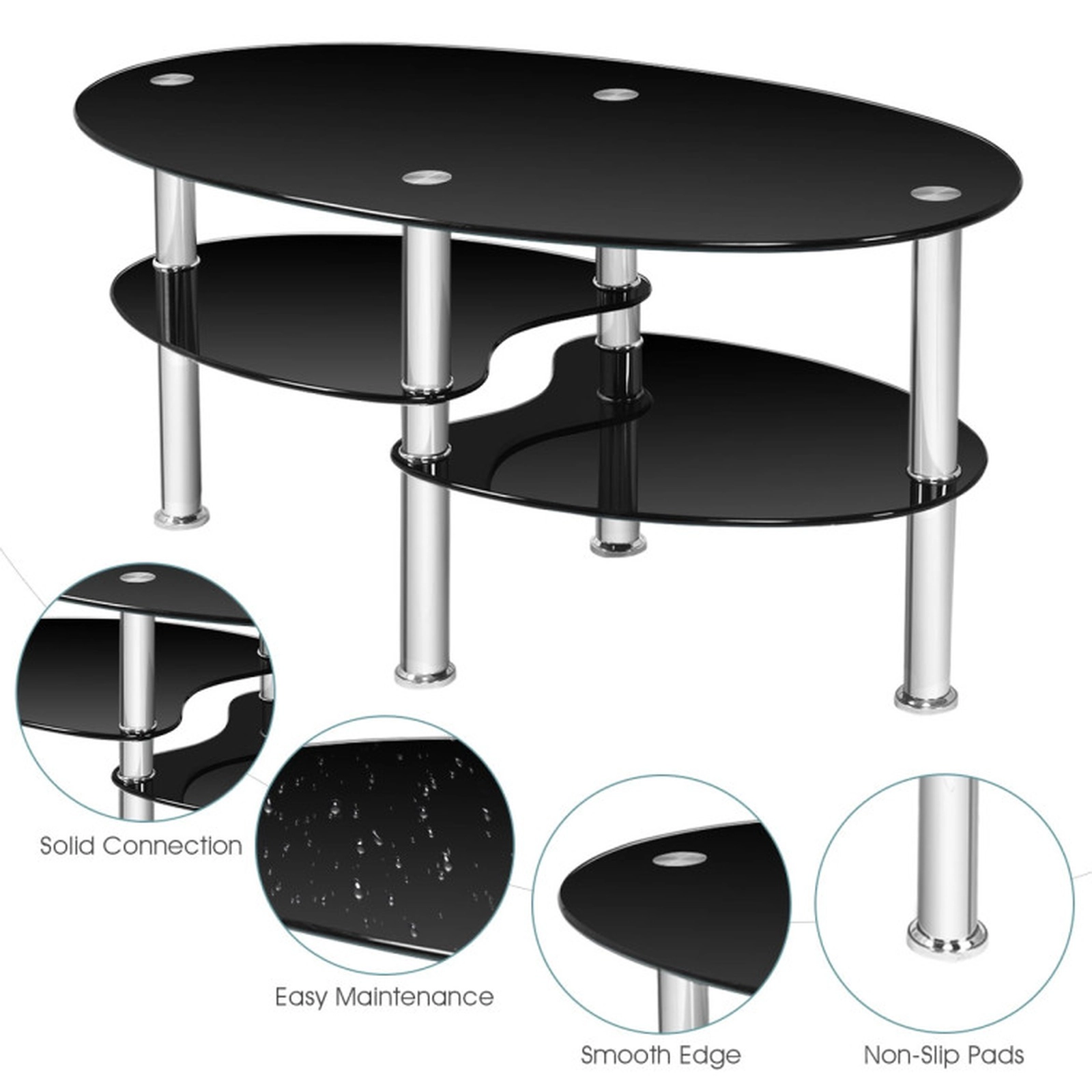 SUGIFT Tempered Glass Oval Side Coffee Table with 2 Shelves 90-lb Top Capacity 35-in Long Black/Transparent
