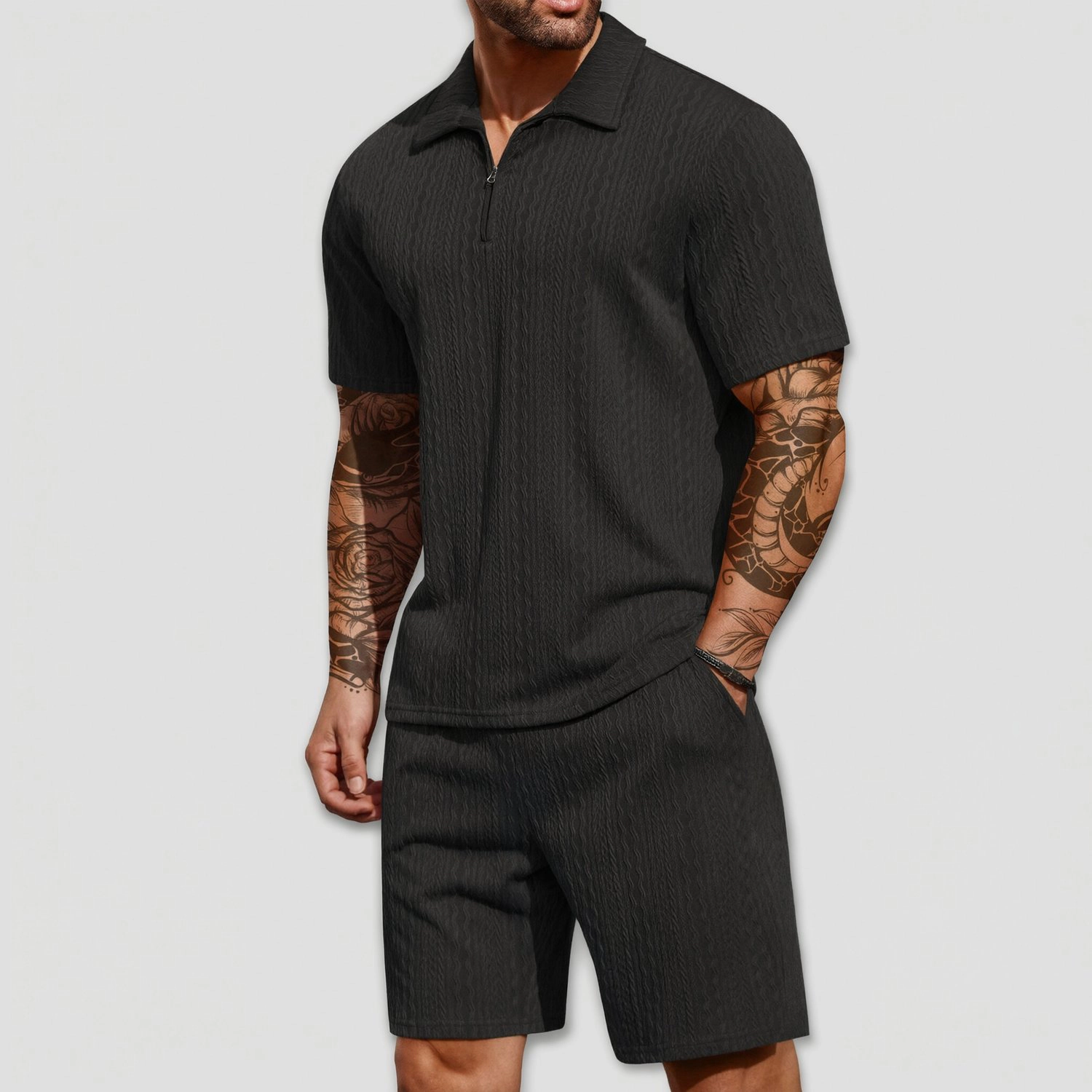 COOFANDY Mens Quarter Zip Polo Shirt Shorts Set Textured Short Sleeve Casual Outfit