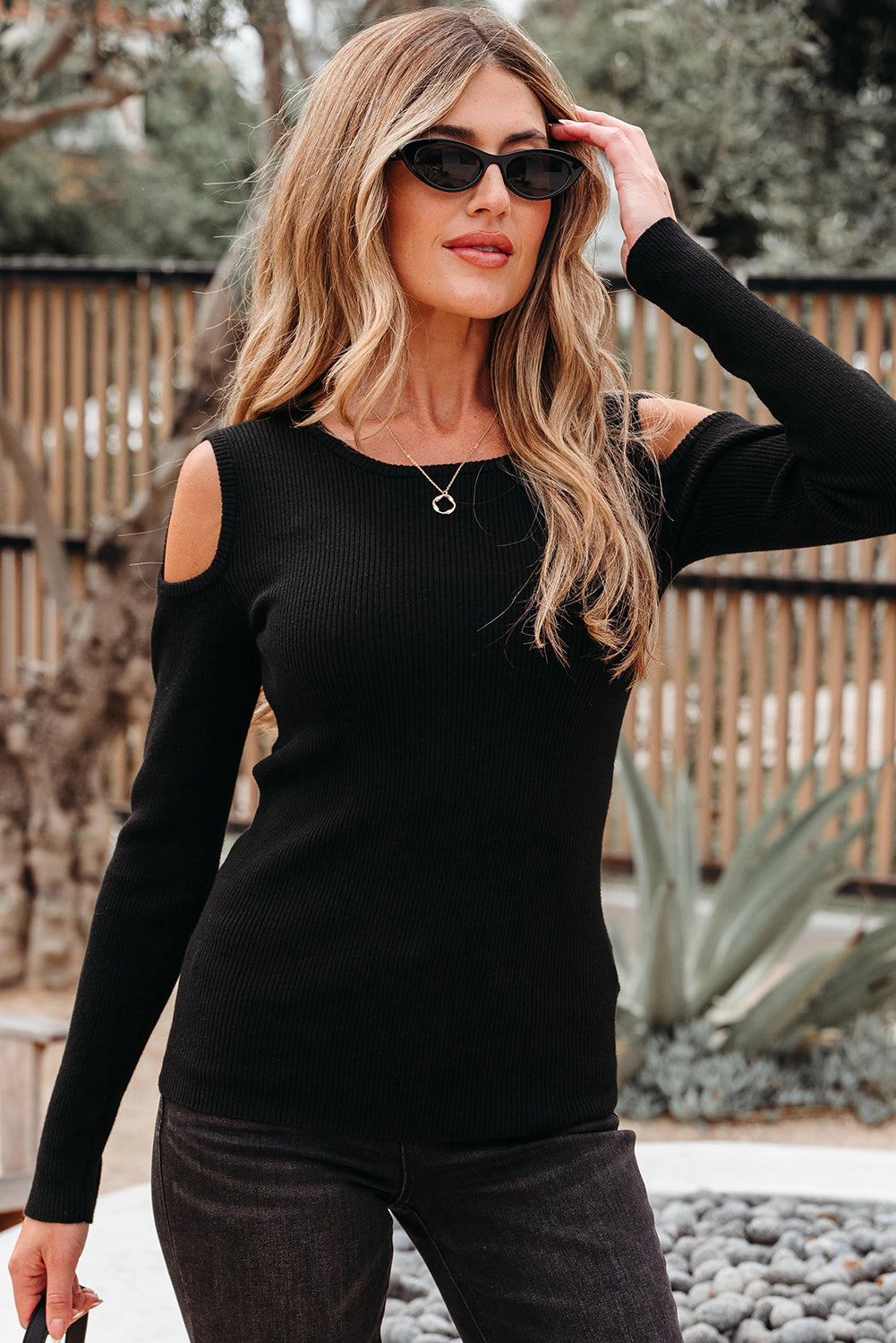 Threaded Pear Women's Amaya Ribbed Knit Cold Shoulder Sweater