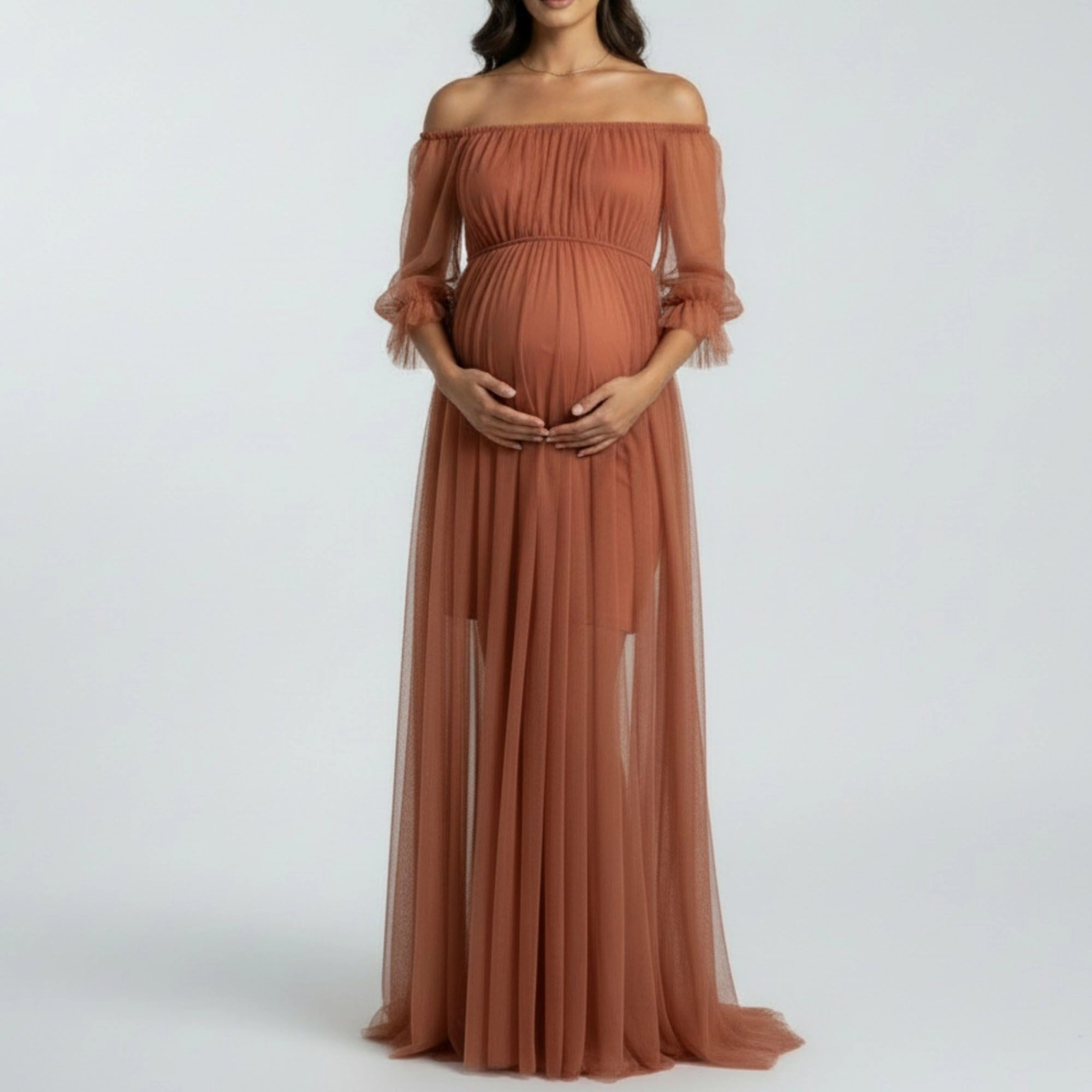 Anna-Kaci Women's Maternity Off Shoulder Mesh Sheer Overlay Empire Waist Flowy Formal Maxi Dress
