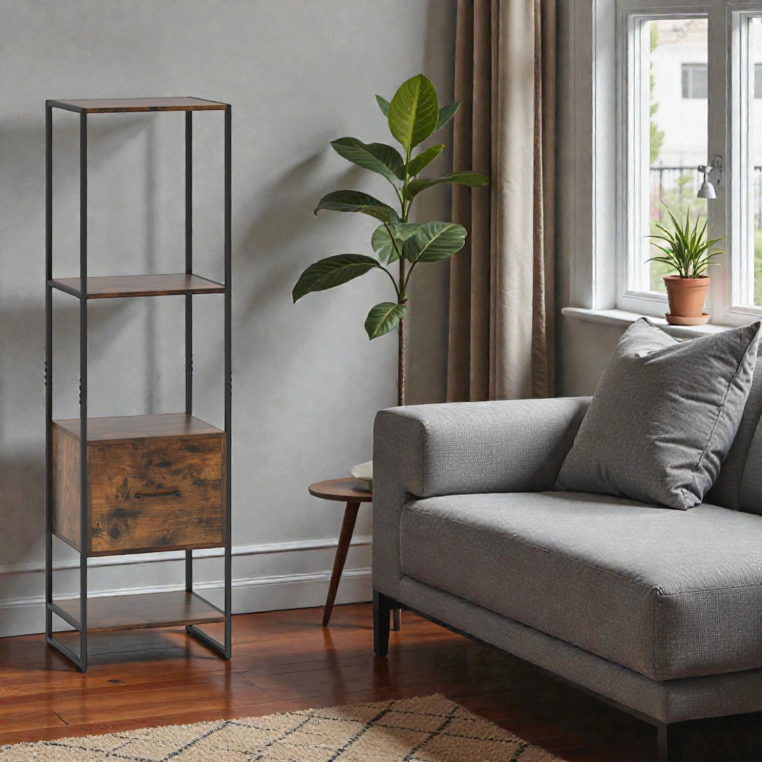 Hivvago Slim Freestanding Bookcase with Open Storage and Convenient Drawer