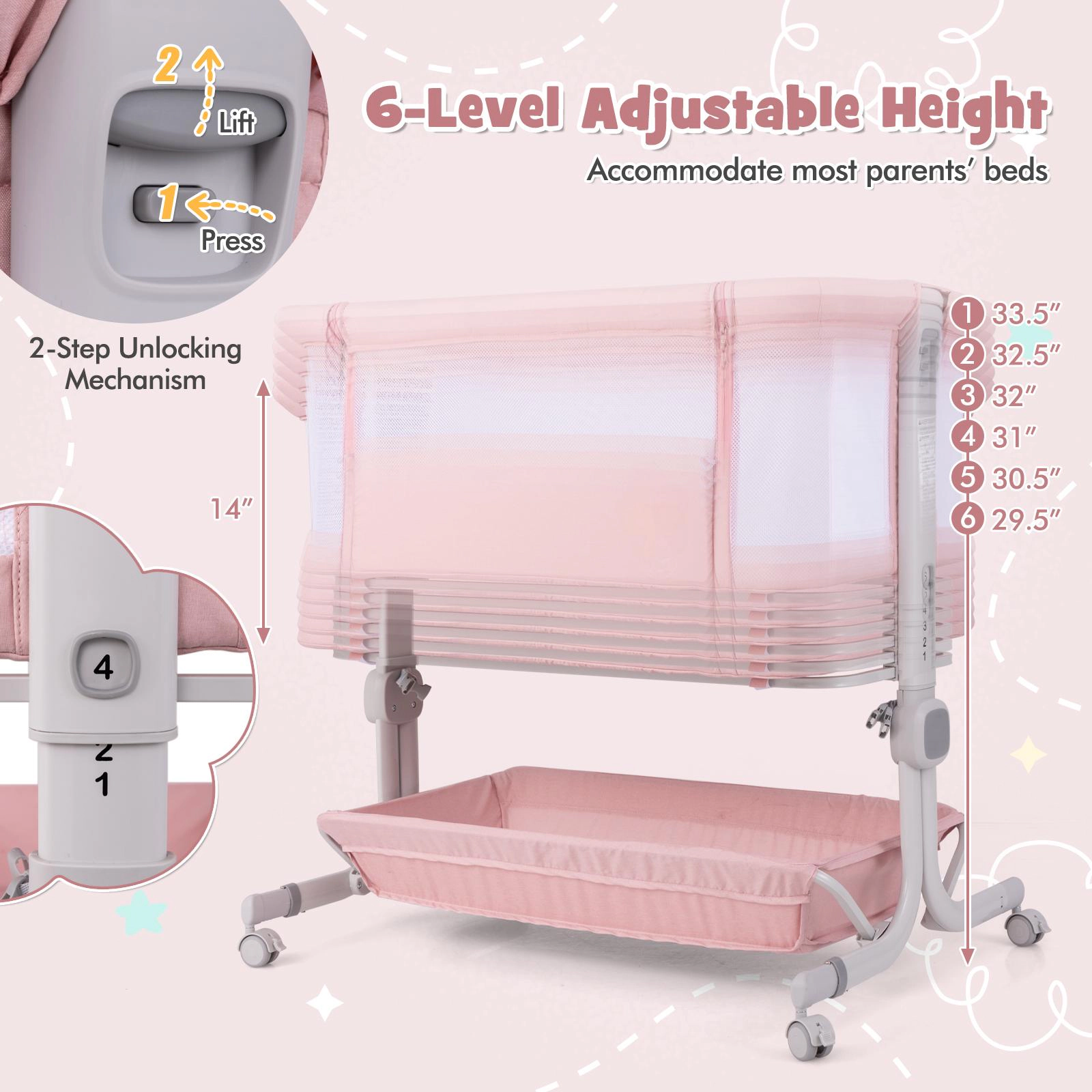 SUGIFT 3-in-1 Baby Bassinet Bedside Sleeper with 6-Level Adjustable Height 20-lb Capacity Ages 0-6 Months Pink