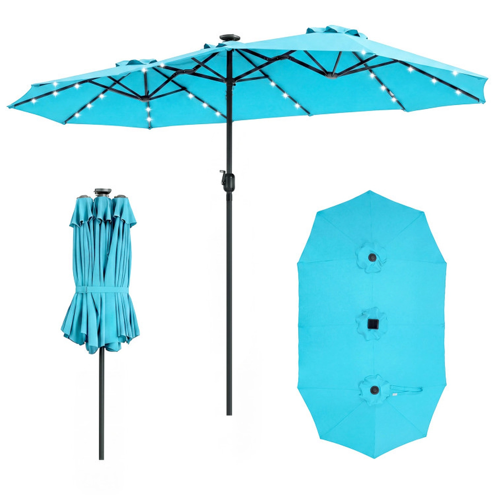 SUGIFT Double-Sided Patio Market Umbrella with 36 Solar LED Lights 13-ft Canopy Turquoise