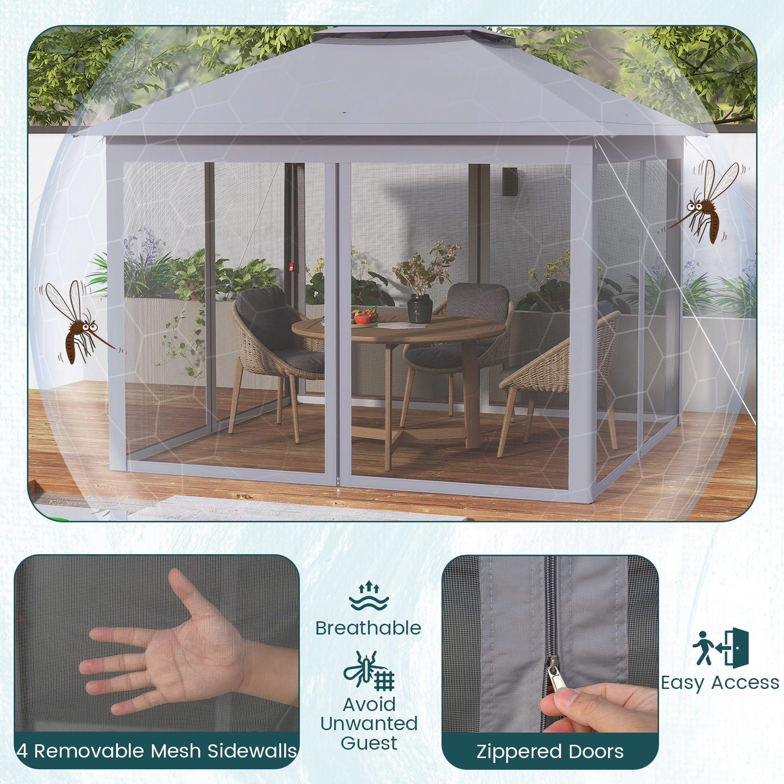 SUGIFT 2-Tier Pop-Up Gazebo Tent with Mesh Screens 11 x 11-ft Portable Canopy Shelter with Carry Bag Brown/Beige