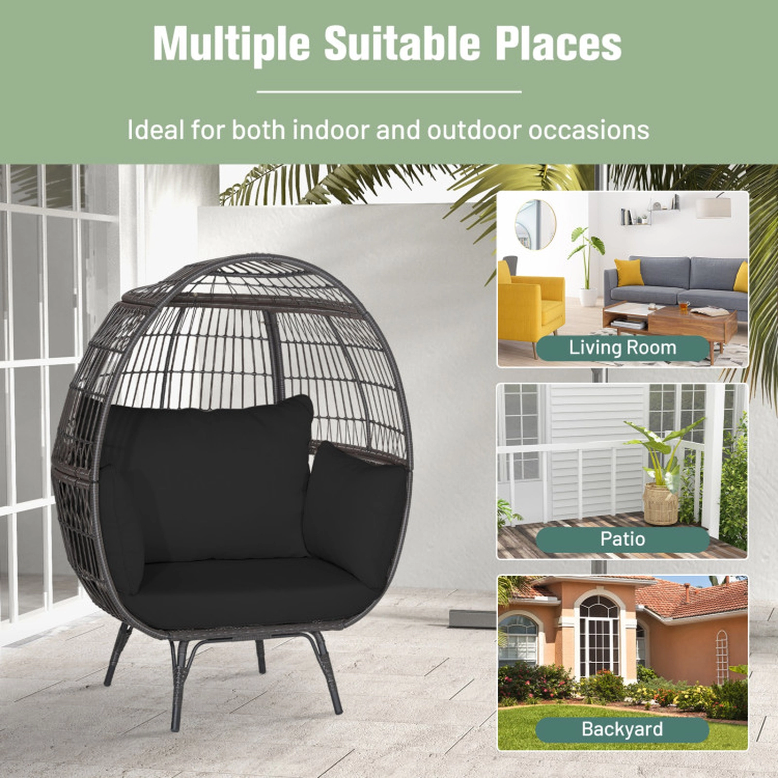 SUGIFT 450-lb Capacity Oversized Indoor Outdoor Hand Woven PE Wicker Egg Chair with Sturdy Metal Frame
