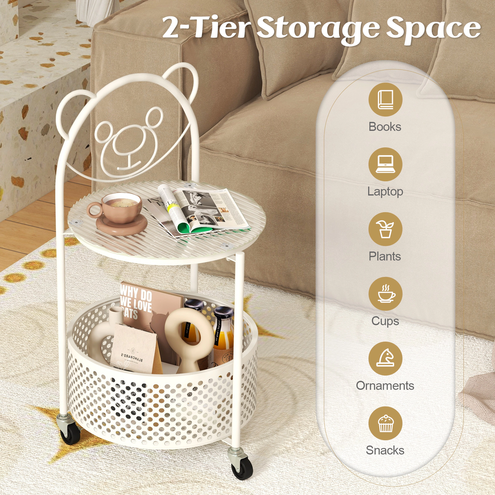 SUGIFT Tempered Glass Top Metal Basket Lockable Rolling Storage Side Table White