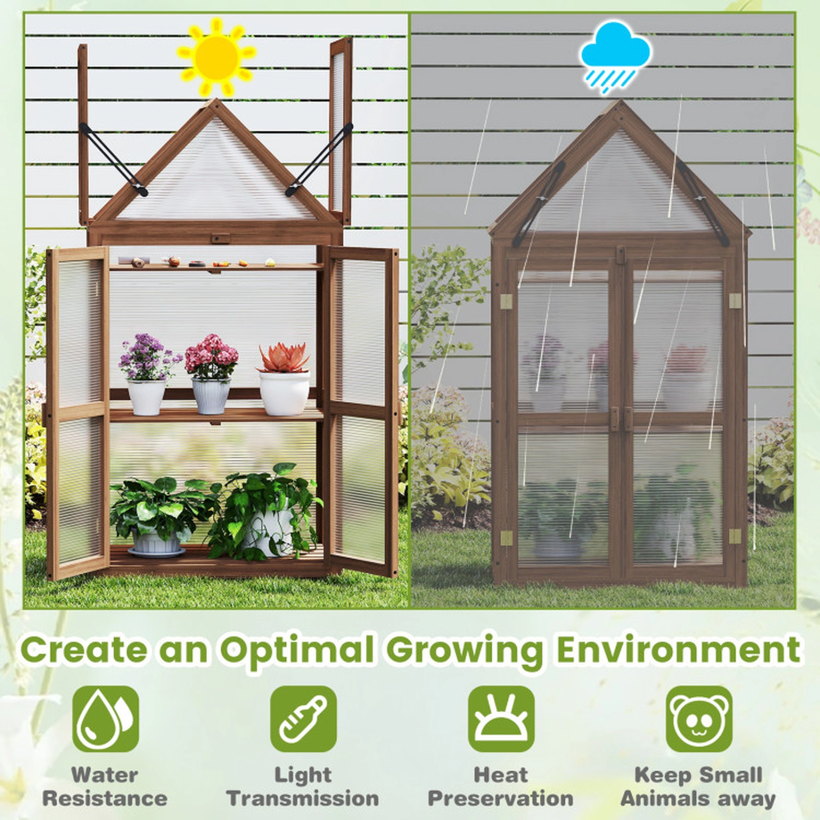 SUGIFT Cold Frame Mini Wooden Greenhouse PVC Panels 28-in Tall 3 Shelves 11-lb Shelf Capacity Rustic Brown+Transparent