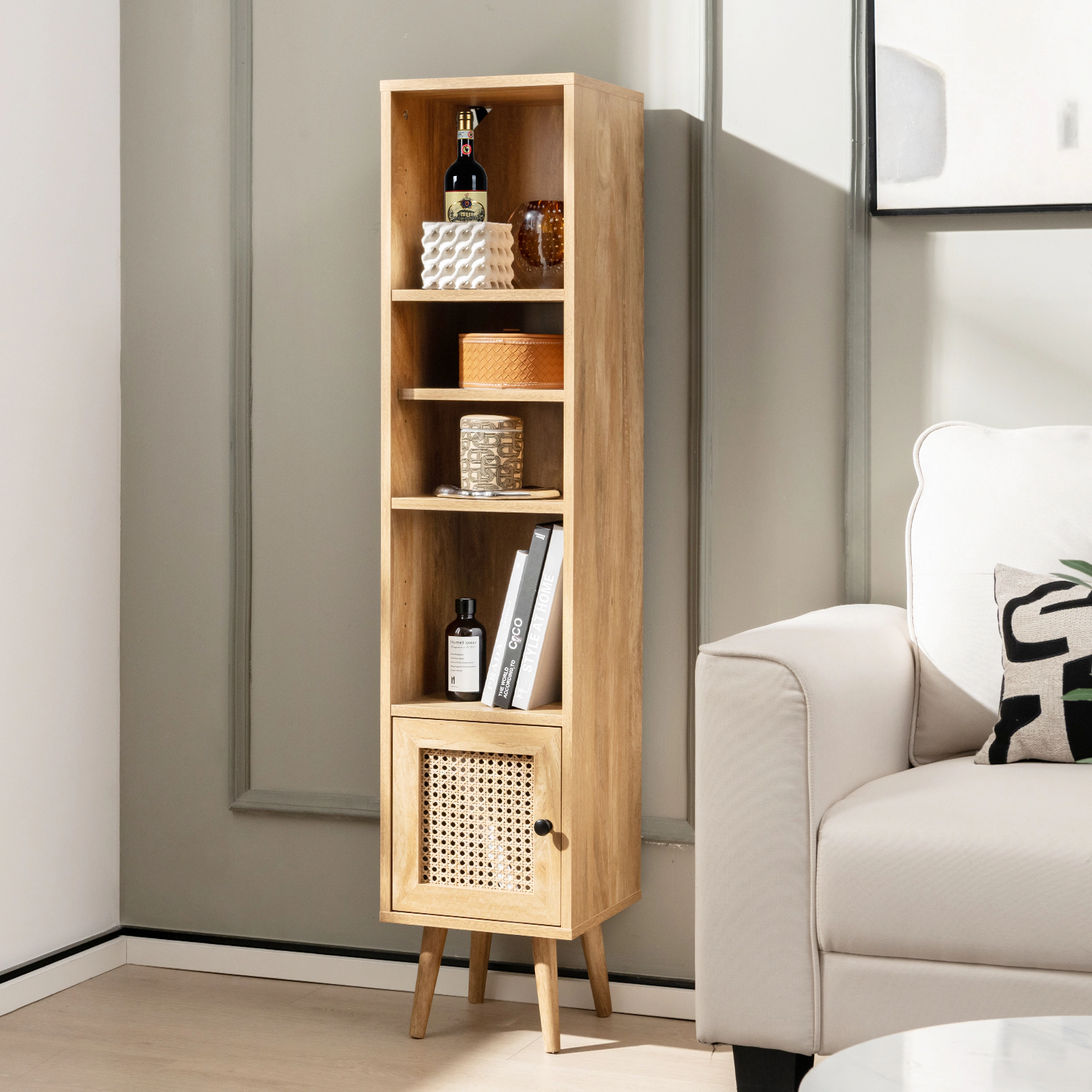 SUGIFT 4 Tier Rattan Storage Cabinet Natural Slim Design for Narrow Spaces