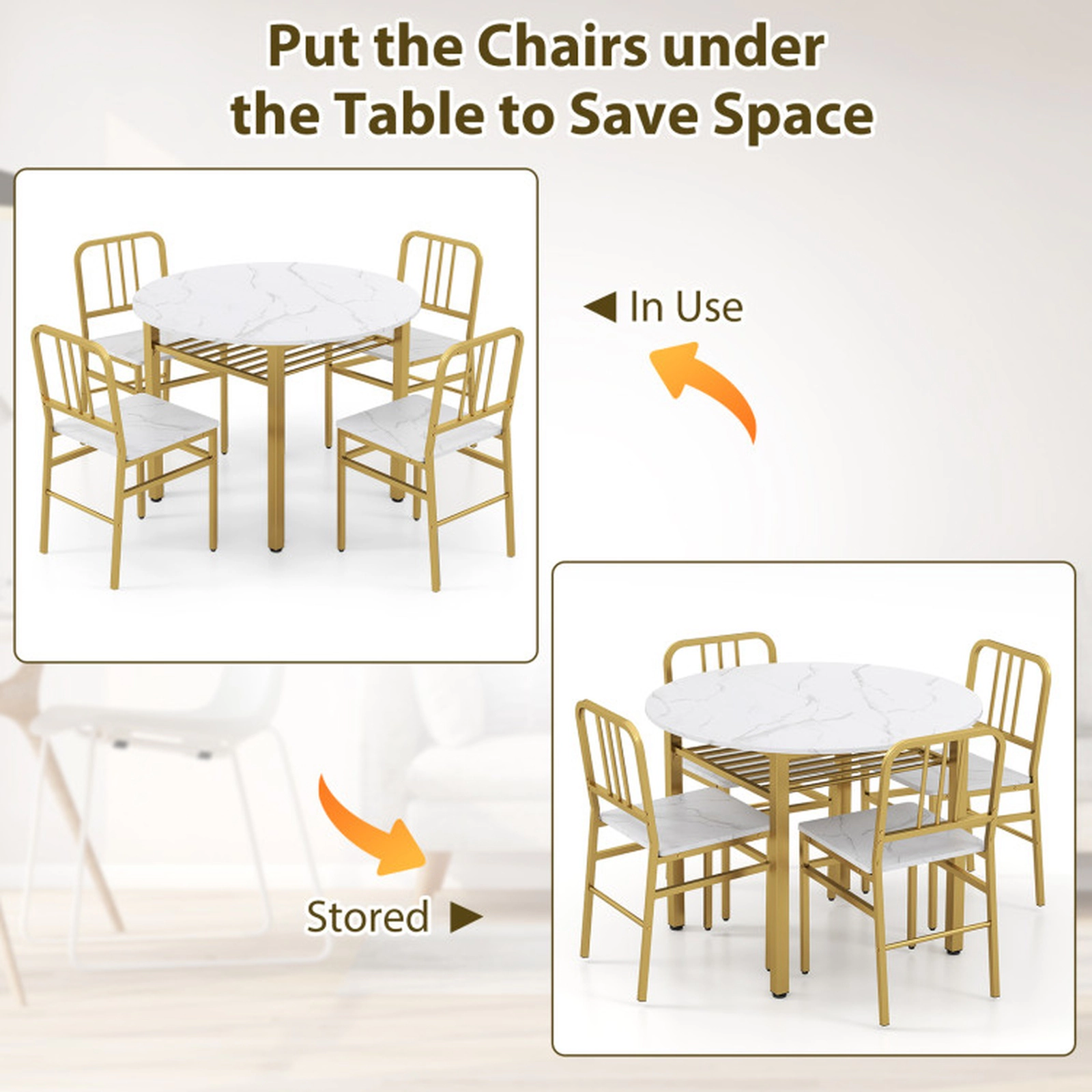 SUGIFT 5-Piece Round Dining Set with Storage Shelf 250-lb Table Capacity 330-lb Chair Capacity White + Gold