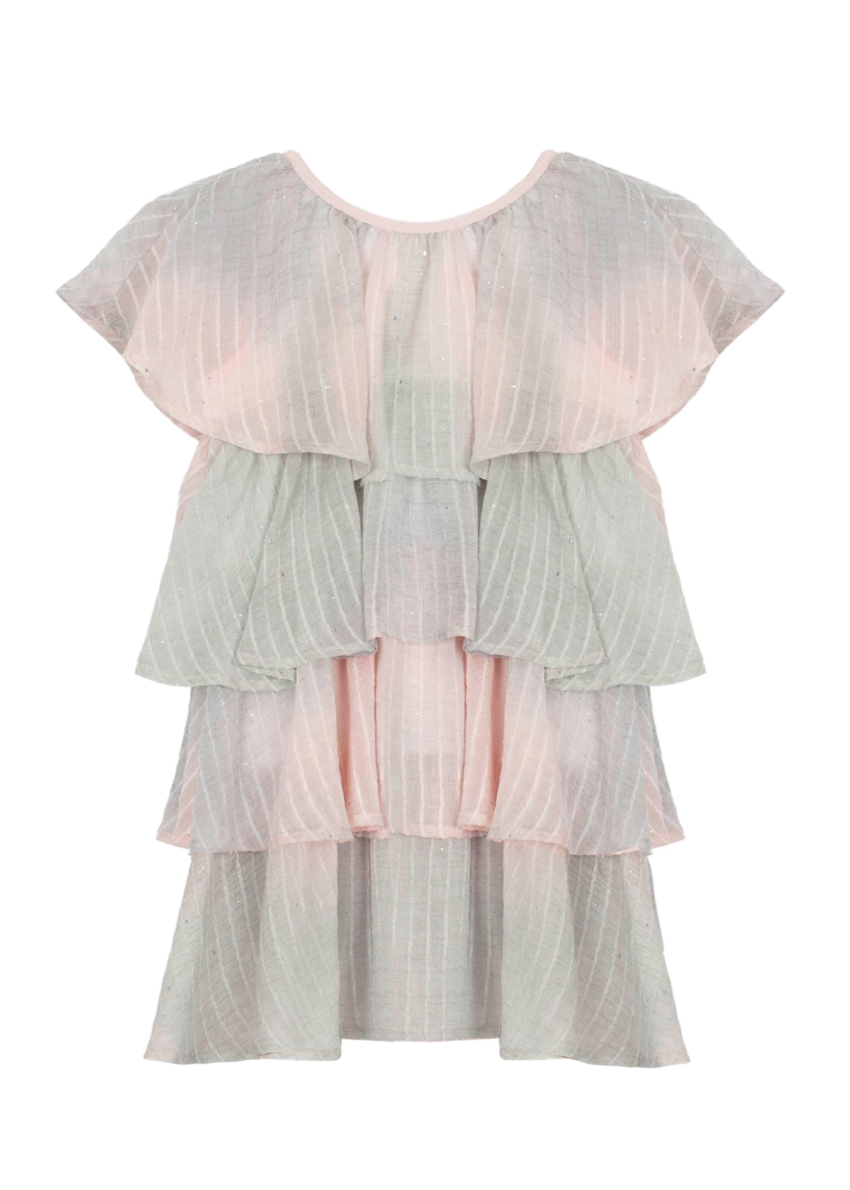 Blush Belle Cap Sleeve Tiered Ruffle Dress with Shimmer Overlay