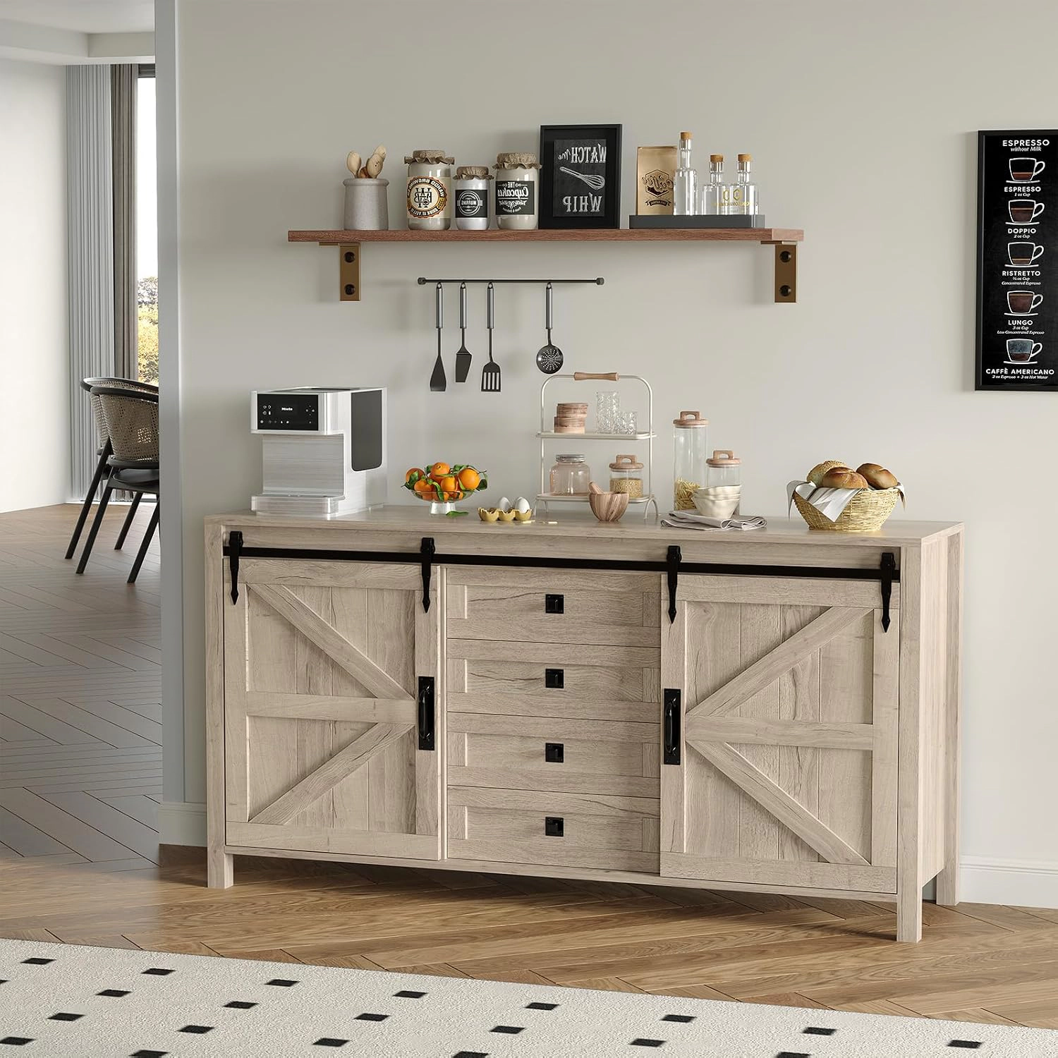 BebreezChic Farmhouse Sideboard Buffet Cabinet, Sliding Barn Doors, 4 Drawers, 60in