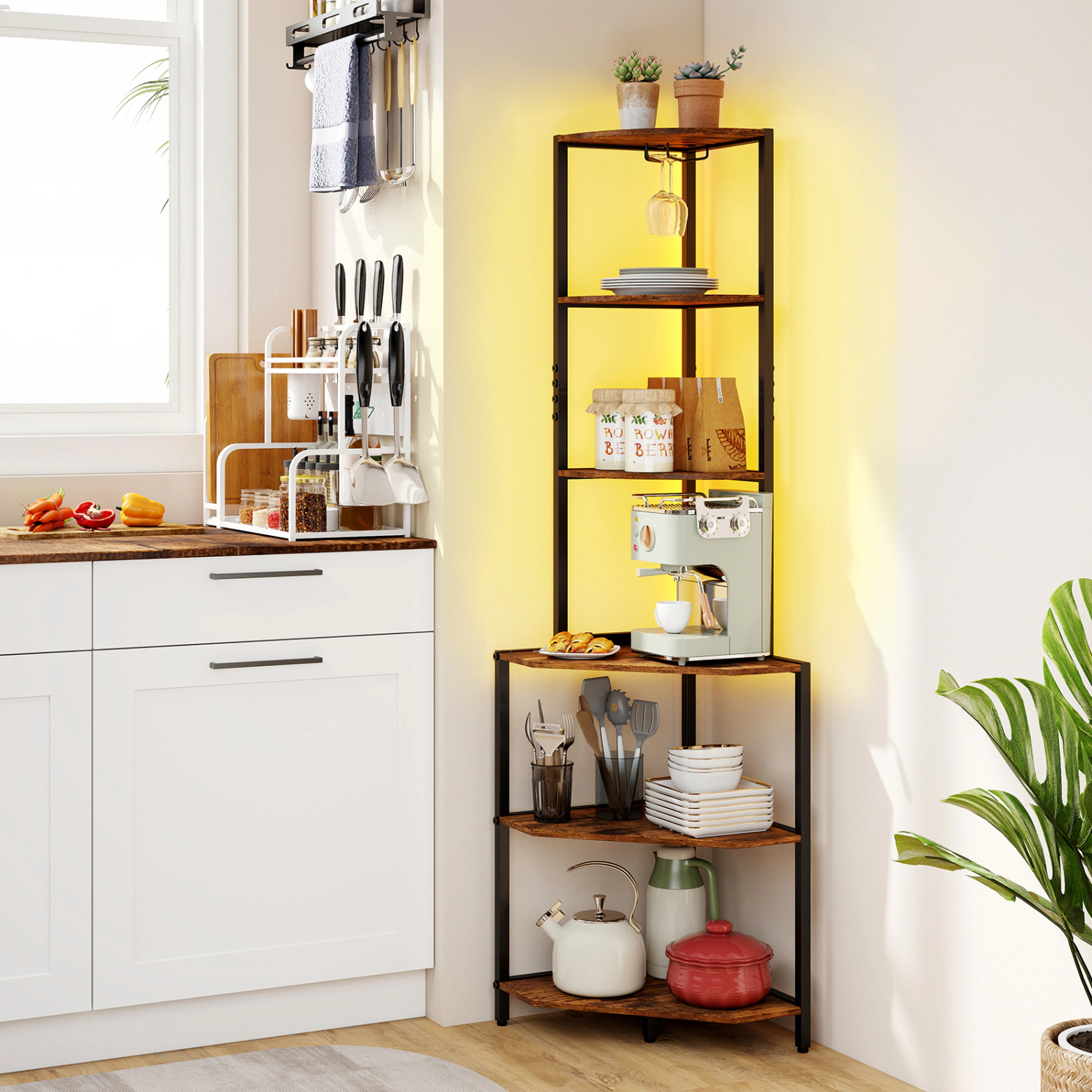LJG 65 Inch 6-Tier Corner Shelf with Charging Station and Ambience Light