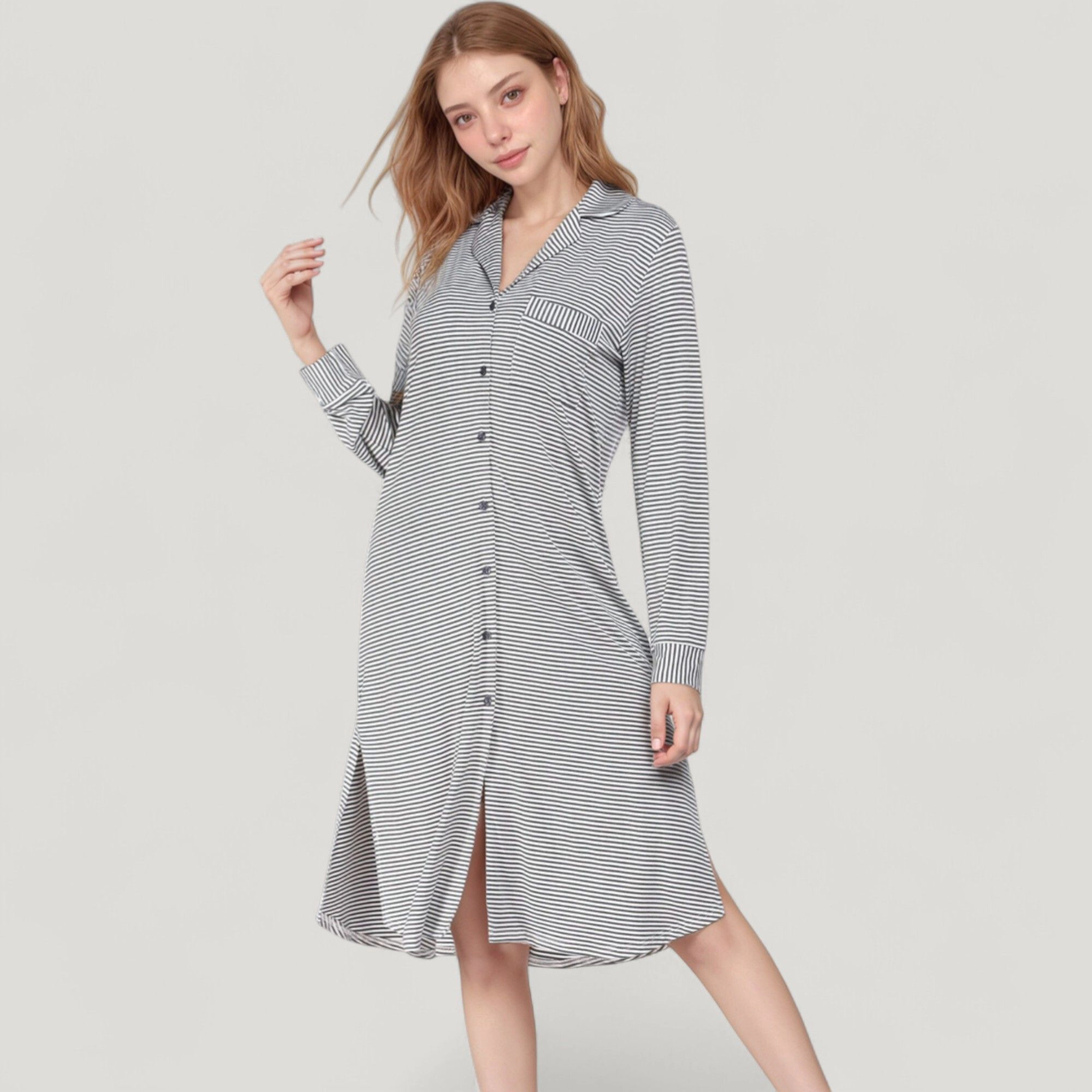 Anna-Kaci Women's Woven Stripe Long Sleeve Button Down Sleep Shirt with Lapel Collar and Curved Hem