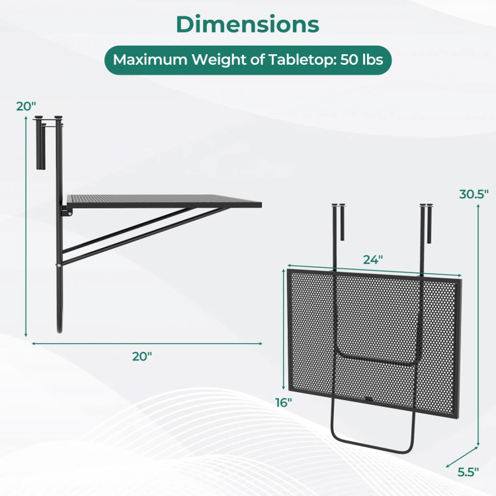 SUGIFT Adjustable Folding Hanging Balcony Railing Table 50-lb Capacity 24 x 20 x 20-in Fits 2.4-in Rails Black