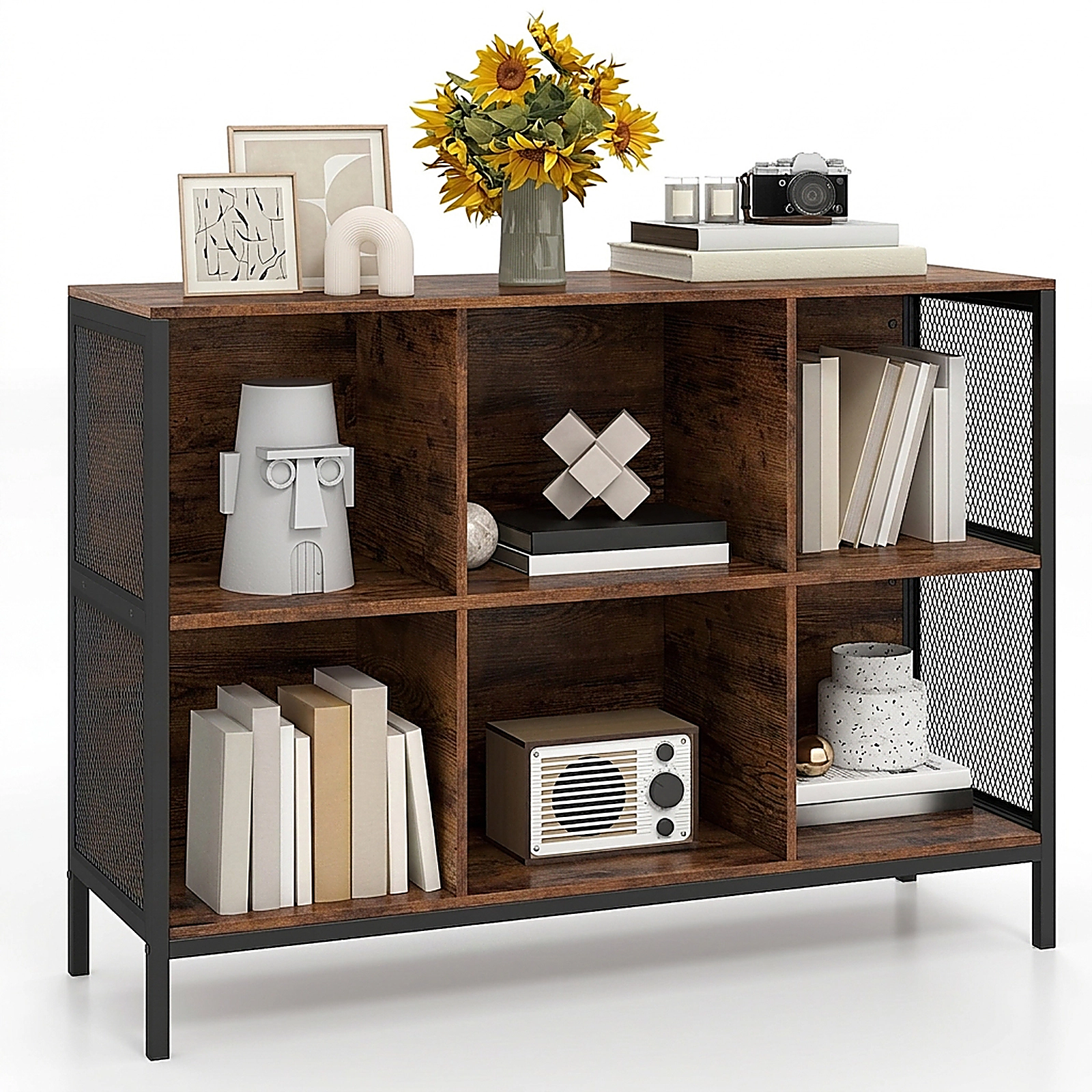 SUGIFT 6-Cube 42-in Wide Horizontal Bookshelf with Metal Frame and Accent Cubby Shelf for Living Room