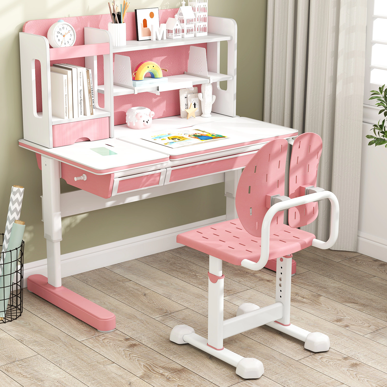 SUGIFT Kids Desk Chair, No Wheels, Pink, 5 Adjustable Seat Heights, Breathable Perforated Seat