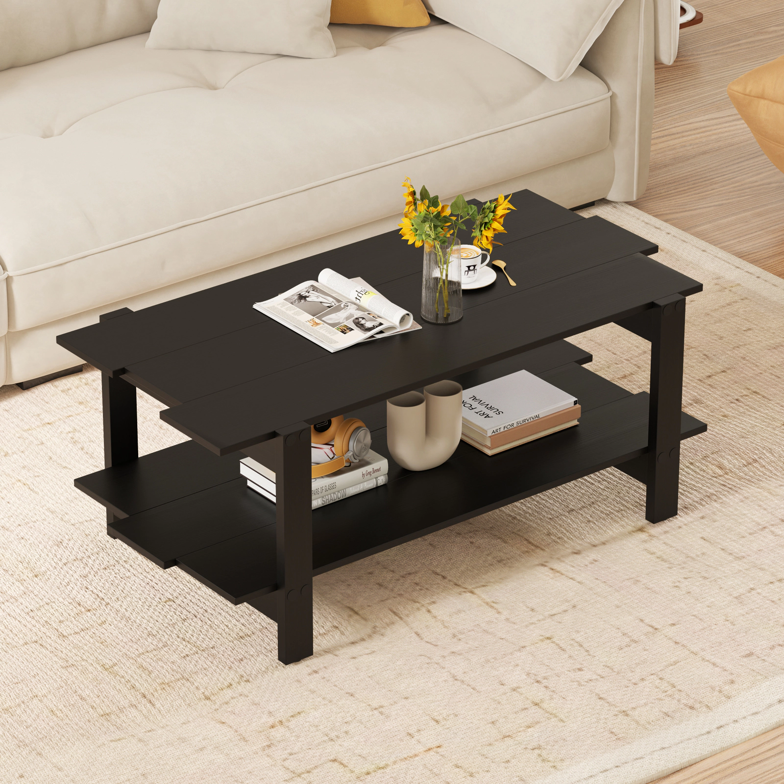 Glintex 2-Tier 45-Inch Slatted Wood Coffee Table with Full-Width Shelf
