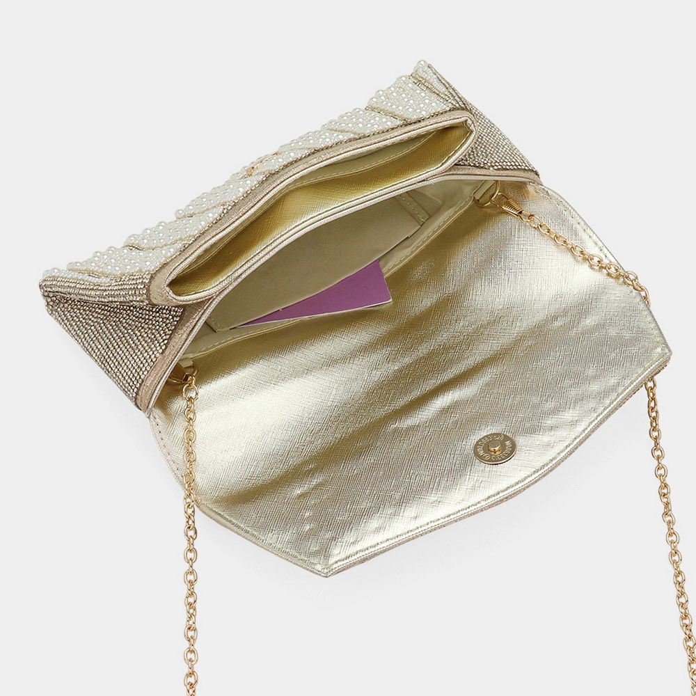 FASHNZFAB Pearl Stone Bling Embellished Flap Evening Clutch Bag