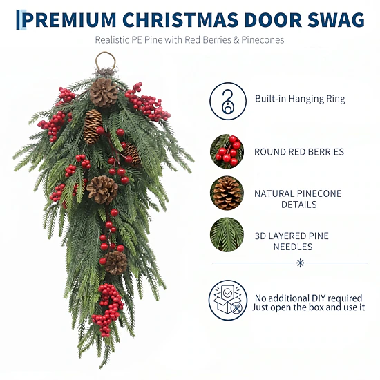 Howbow 24 Inch Pre-Lit Christmas Teardrop Swag, 20 Lights, 8 Modes ...