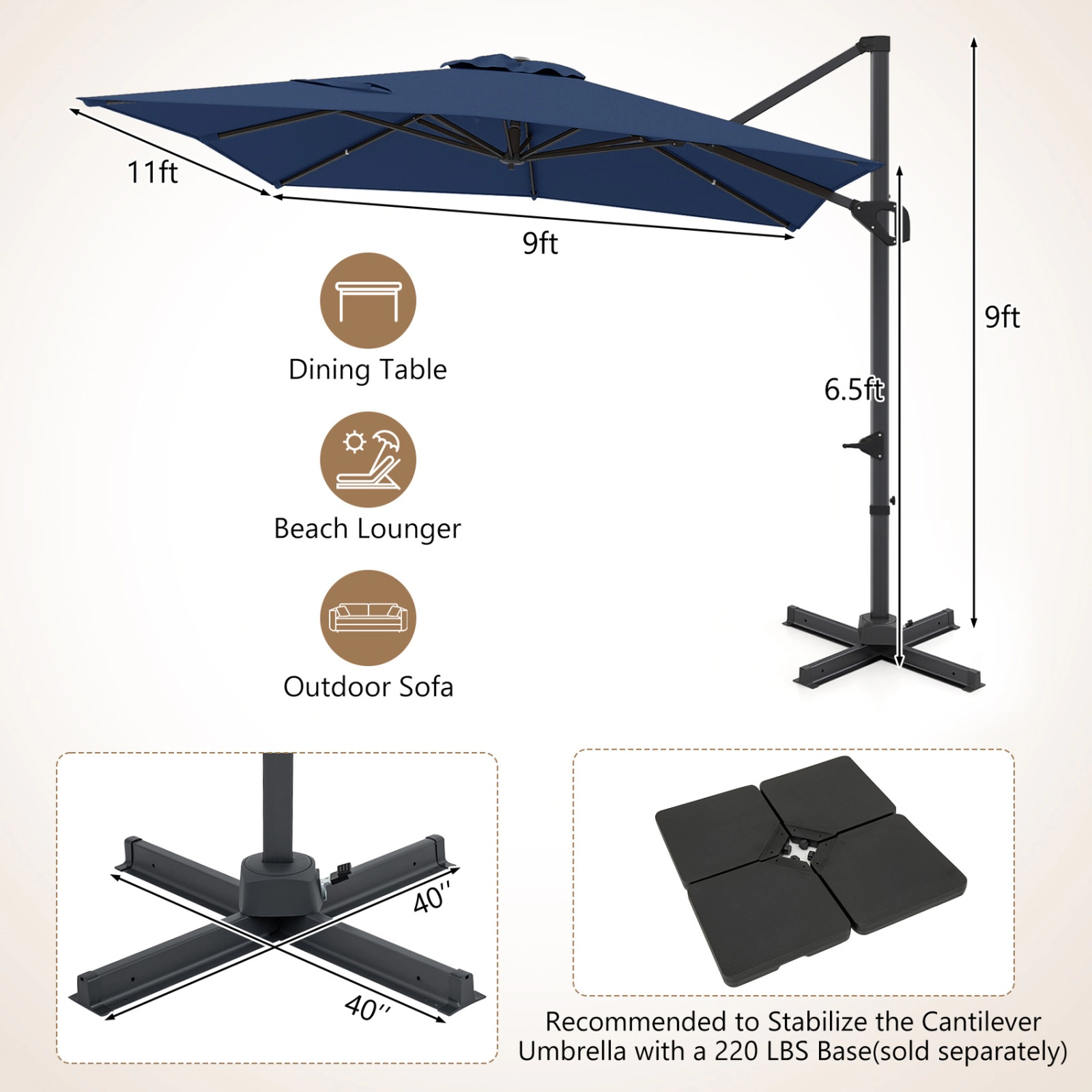 SUGIFT Navy 11 x 9 ft Rectangular Cantilever Patio Umbrella with 6 Tilt Positions