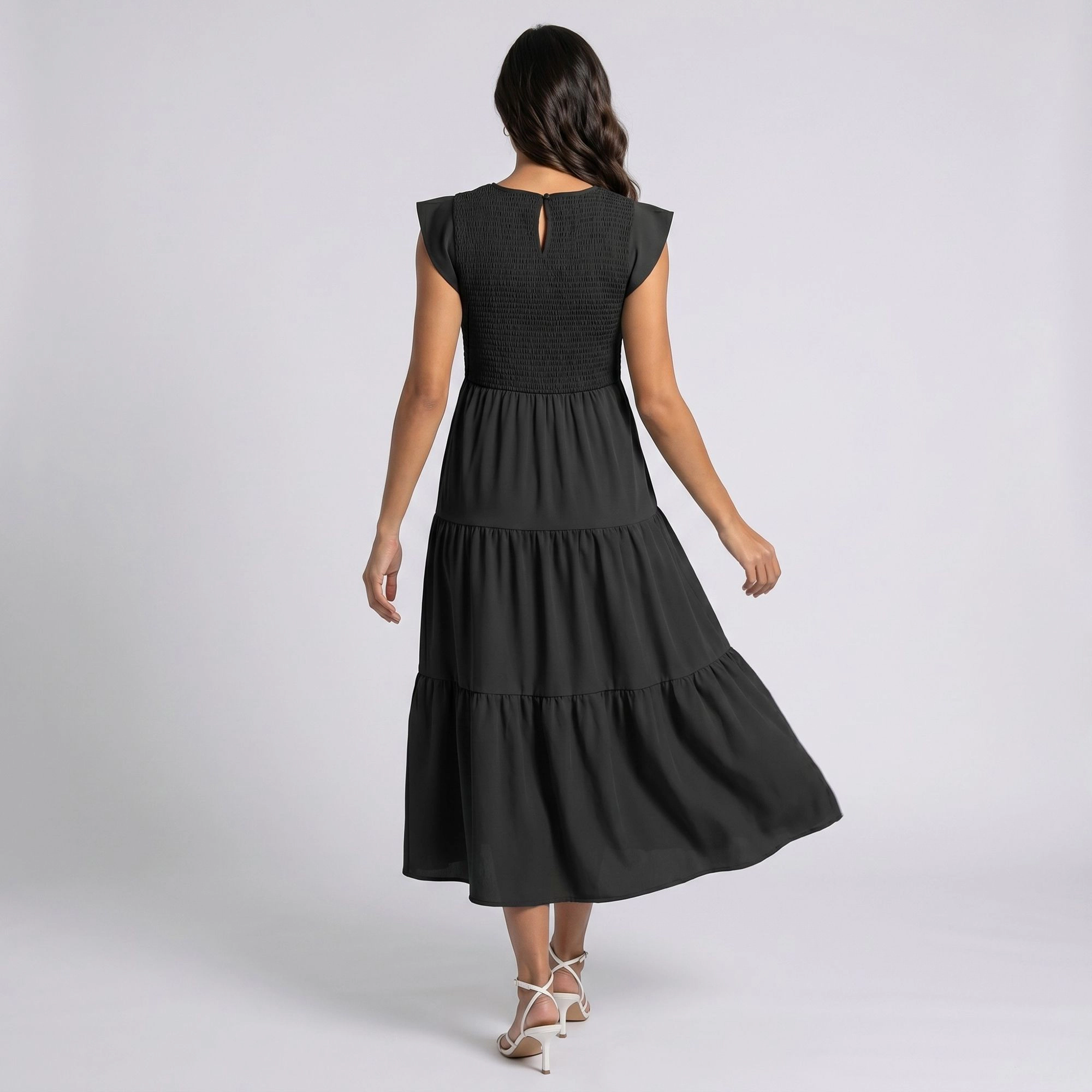 Anna-Kaci Women's Maternity Smocked Tiered Cap Sleeves Round Neck Midi Dress