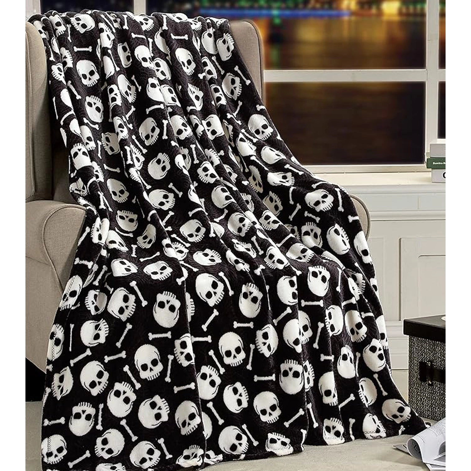 Plazatex Skull Bones Micro Plush Decorative Halloween Throw Blanket  50" X 60" Black And White