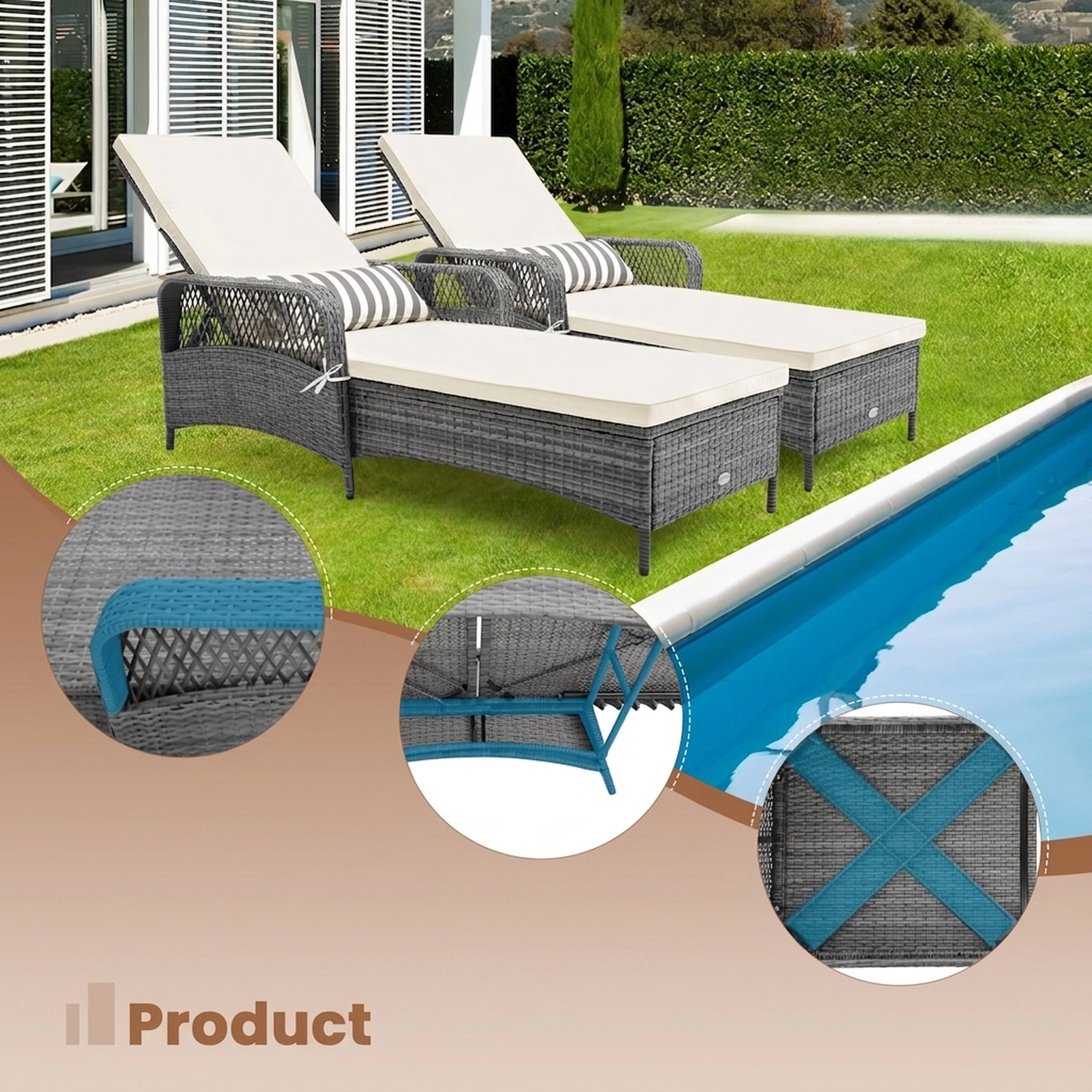 SUGIFT Gray Outdoor Chaise Lounge Recliner with 6-Level Backrest and Removable Waist Pillow