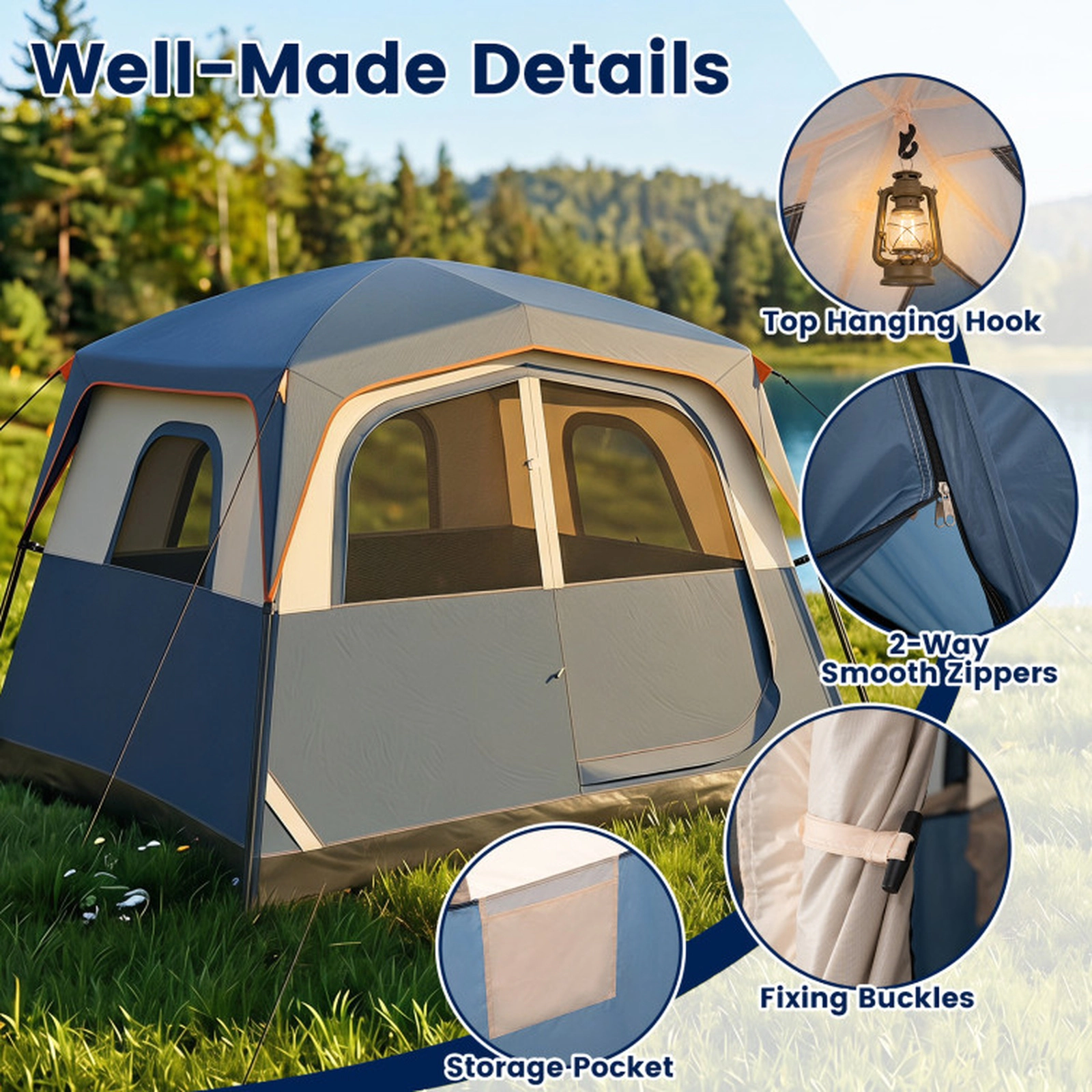 SUGIFT Blue 10-ft x 9-ft 6-Person Cabin Camping Tent with Top Rainfly Mesh Windows and Carrying Bag