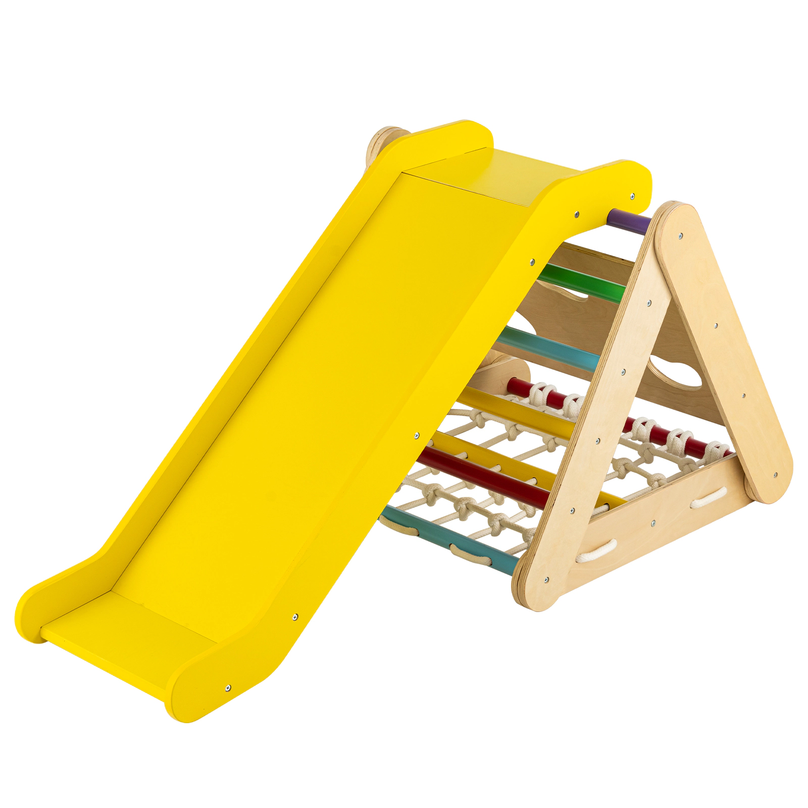SUGIFT Sliding Board and Climbing Net 4-in-1 Wooden Kids Triangle Climber Toy
