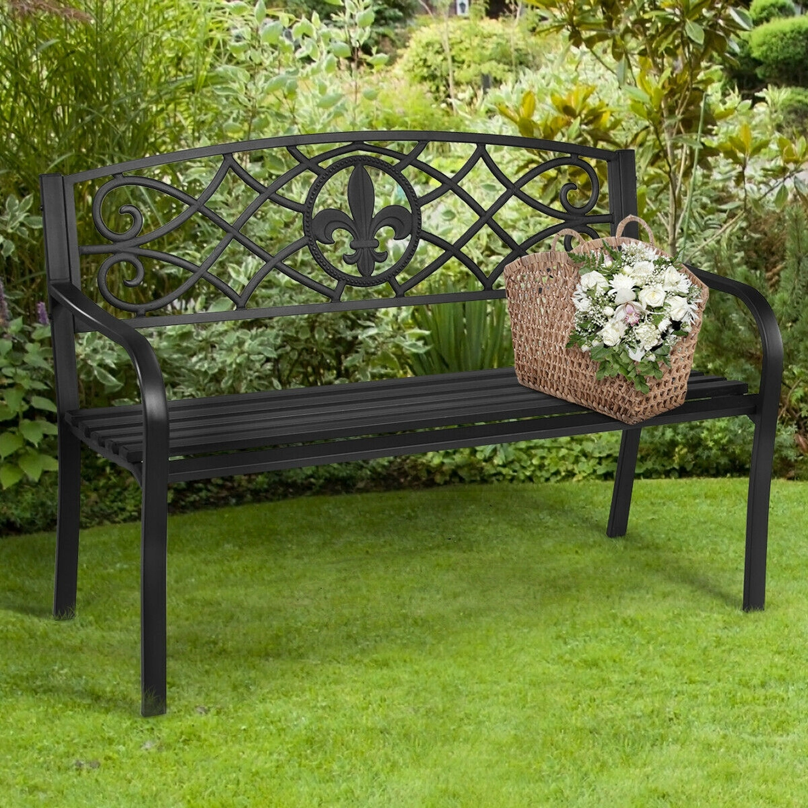 SUGIFT 50.5-in Black Powder-Coated Steel Outdoor Bench, 500-lb Capacity, Armrests