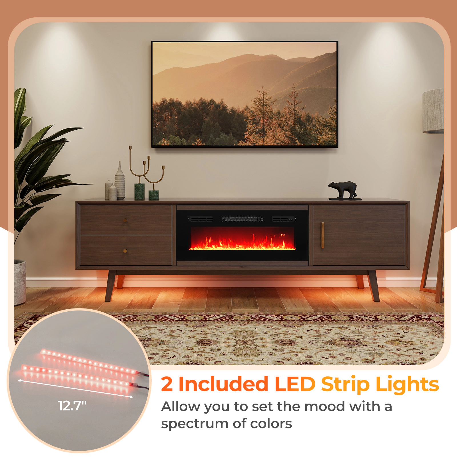 SUGIFT Recessed Electric Fireplace Heater 5000 BTU 750W/1500W with LED Strip Lights and Remote Control Black