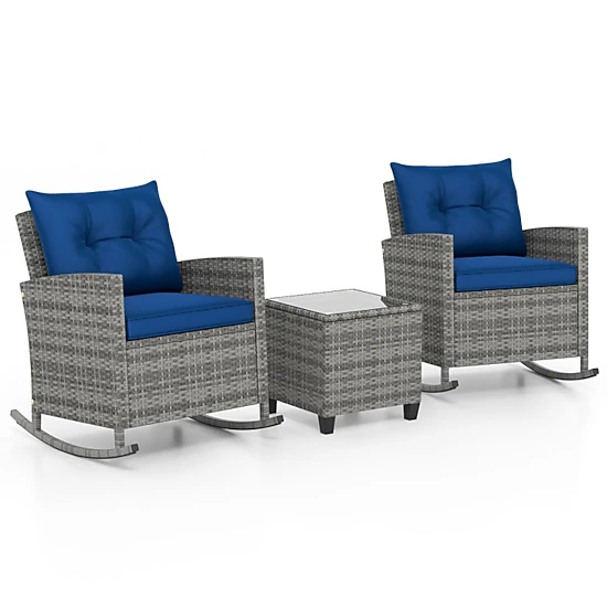 SUGIFT 3-Piece Mix Brown Outdoor Wicker Rocking Chair Set with Glass Table