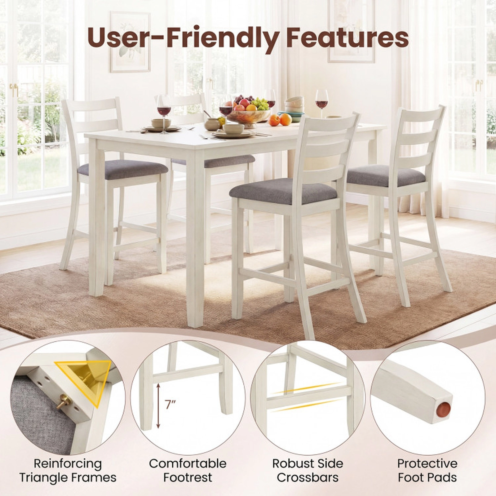 SUGIFT Beige Linen Fabric Seat and Rubber Wood Legs 4 Piece Counter Height Chair Set