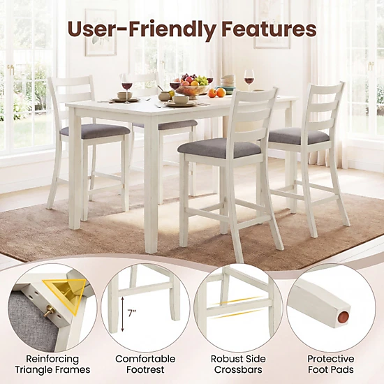 SUGIFT Beige Linen Fabric Seat and Rubber Wood Legs 4 Piece Counter Height Chair Set