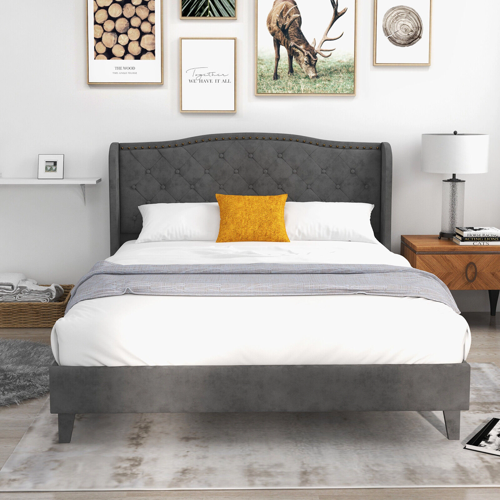 SUGIFT Full/Queen Upholstered Platform Bed Frame with Button Tufted 44-in Headboard 1000-lb Capacity Gray