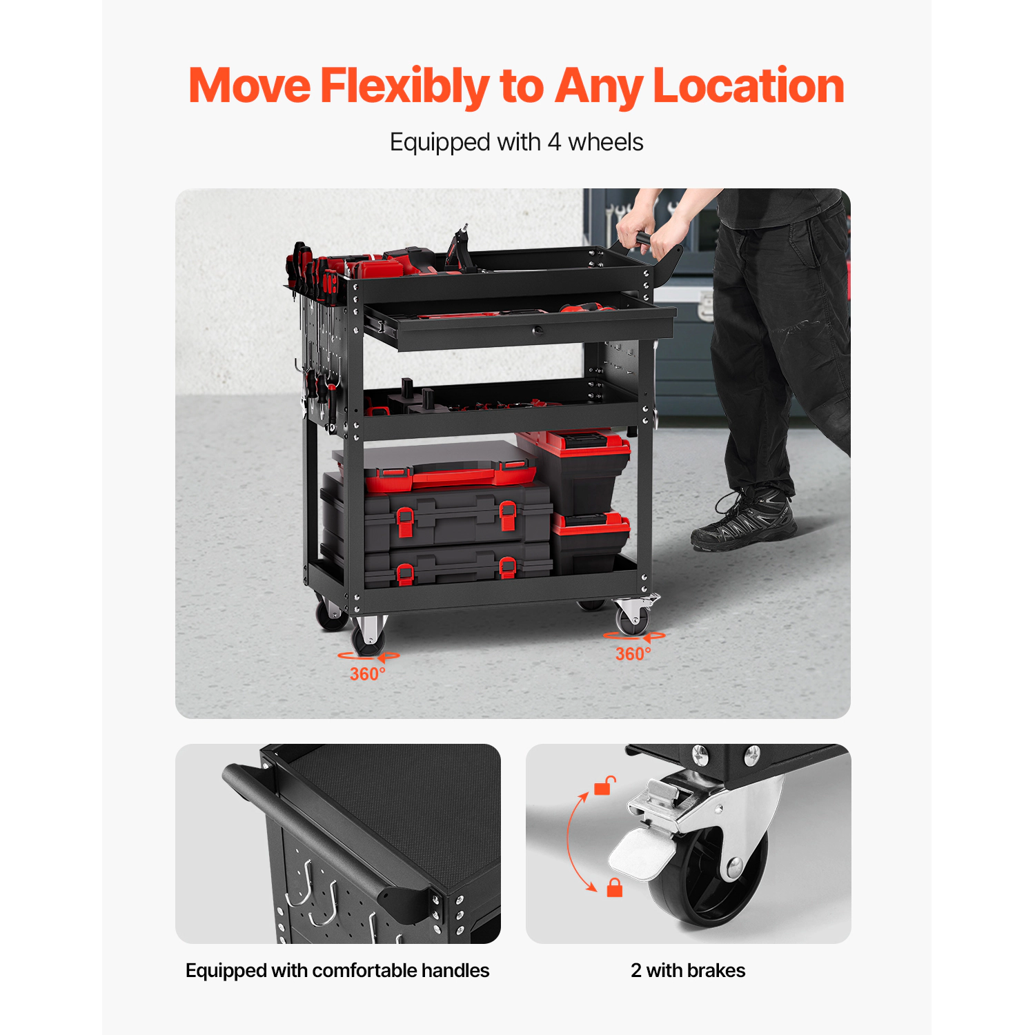 HONGGE Rolling Tool Cart with Wheels, Pegboard, Mechanic Storage Organizer with Locking System for Garage, Warehouse