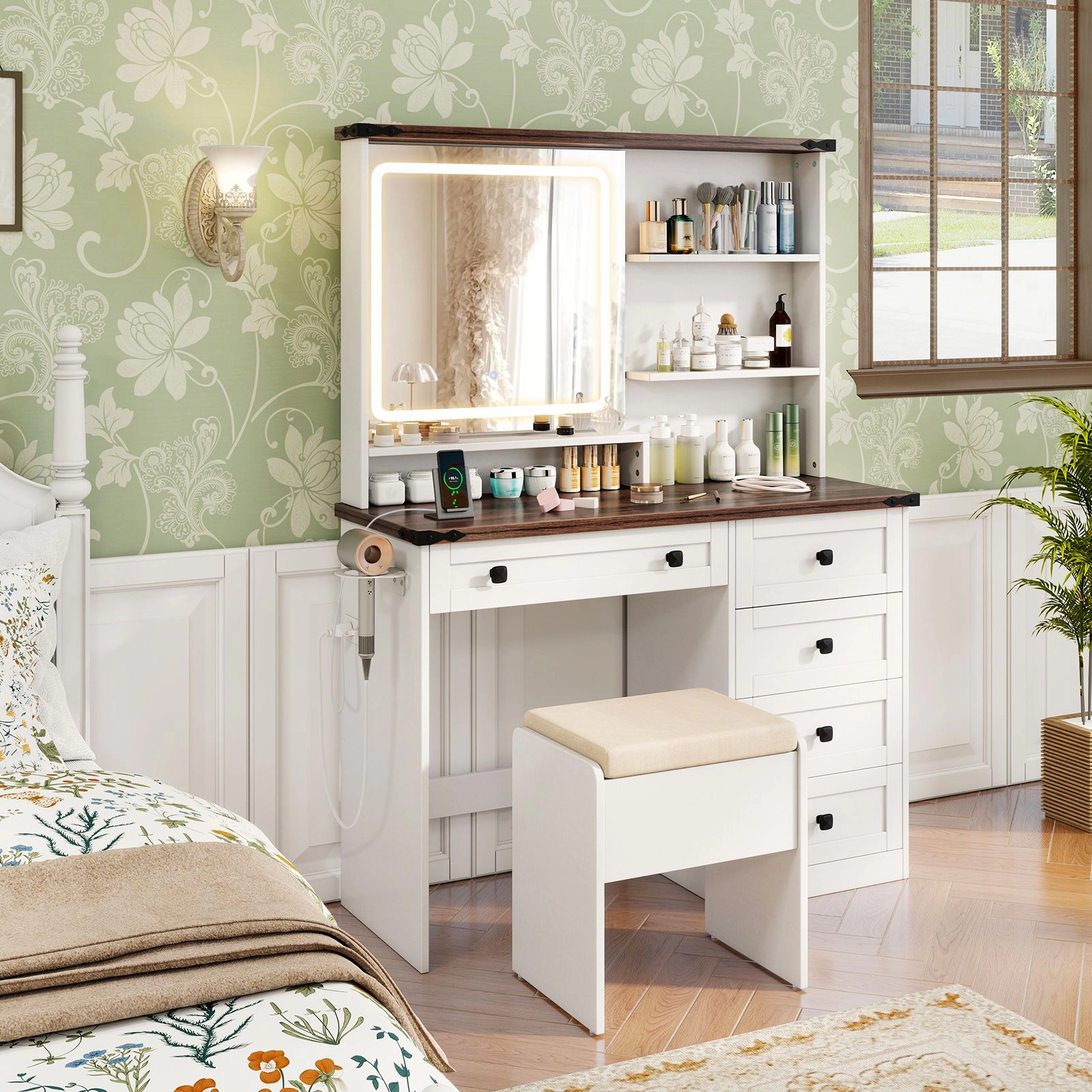 SlickBlue Makeup Vanity Desk with LED Mirror and Charging Station