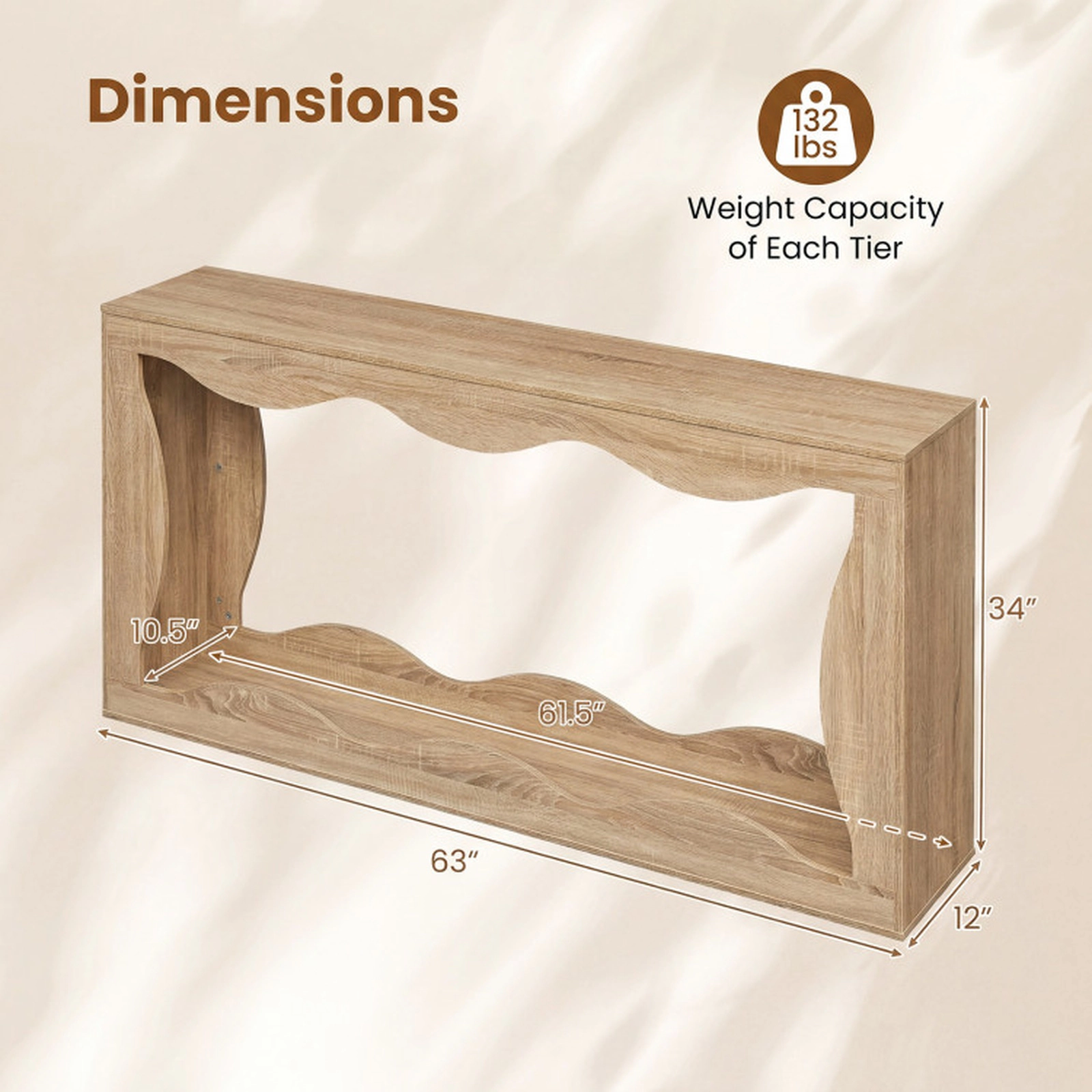 SUGIFT 63-in Long 12-in Narrow 132-lb Capacity 2-Tier Natural Console Table with Wavy Edge Storage Shelf