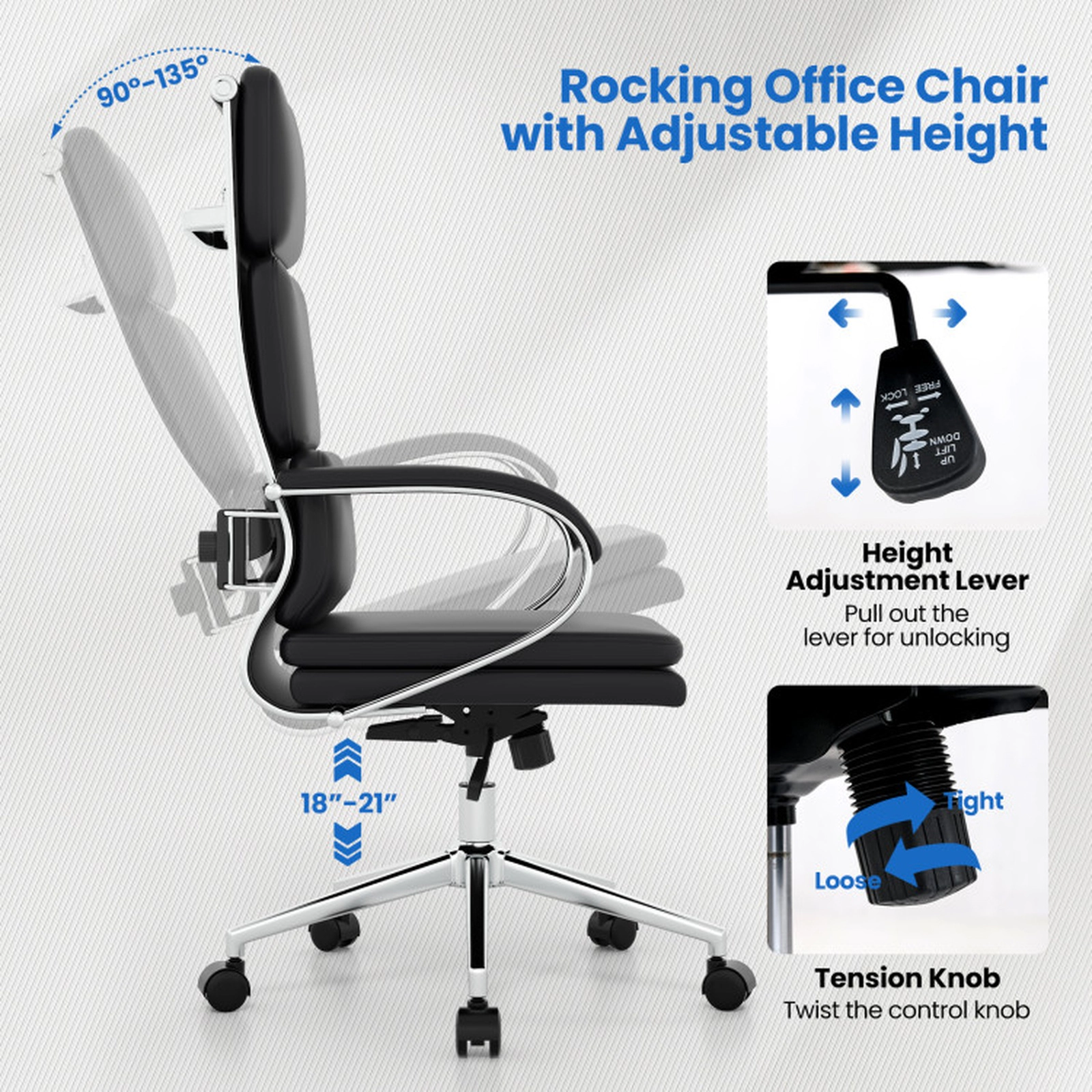 SUGIFT Ergonomic PVC Leather Office Chair with Adjustable Height and Rocking Function 330-lb Capacity 27.5-in Wide Black