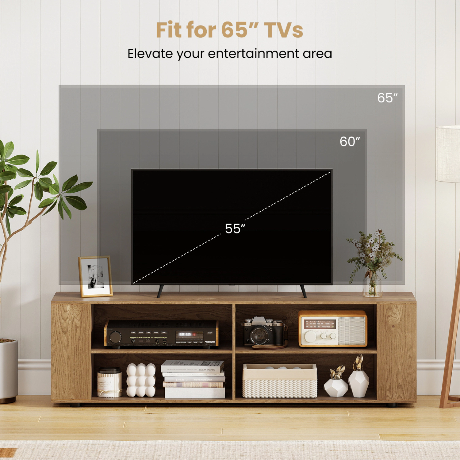 Glintex 59-Inch TV Stand with 4 Open Compartments and 4 Side Shelves, Natural