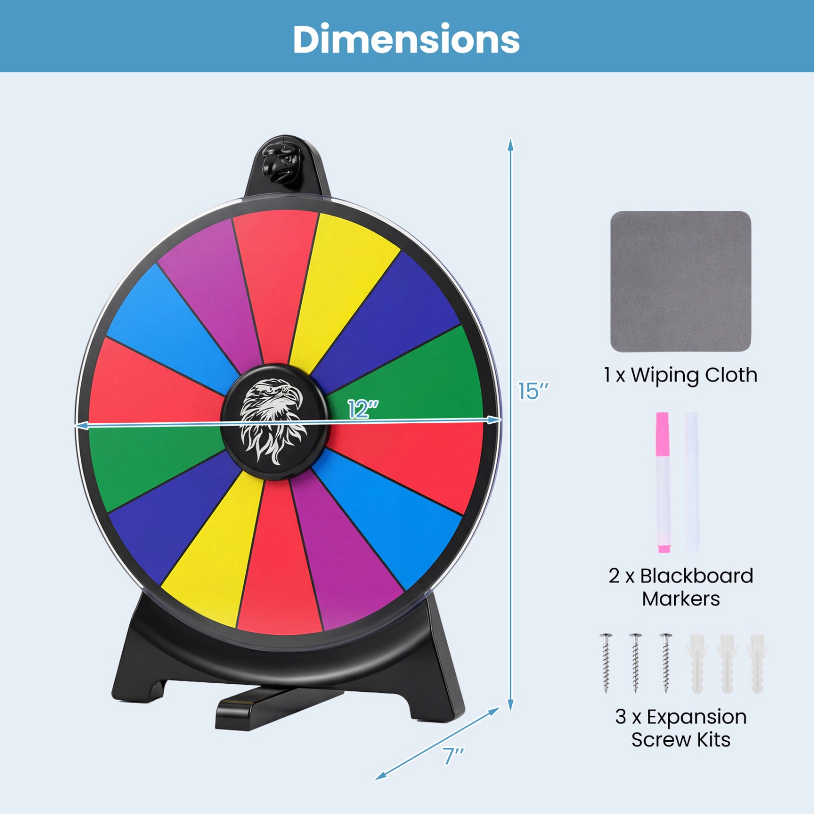SUGIFT 12-in 14-Slot Wall Mounted Spin Prize Wheel with Swivel Base Wiping Cloth and 2 Blackboard Markers
